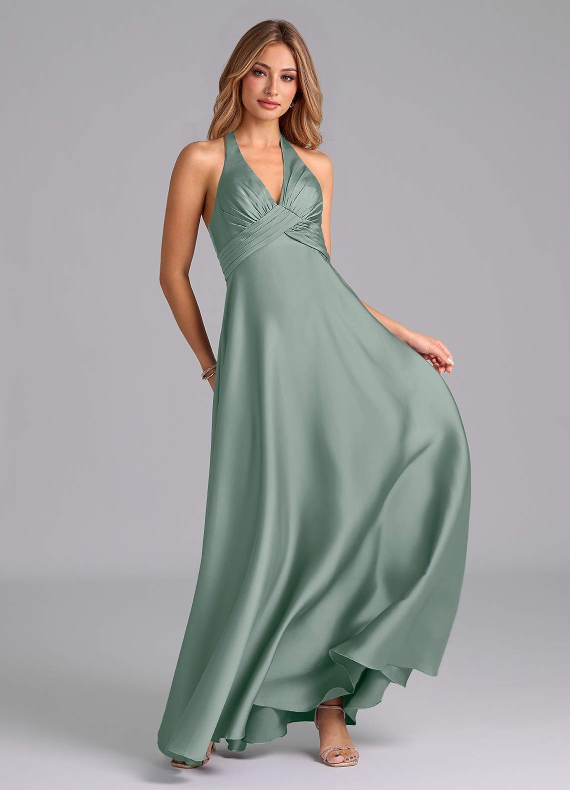 Tessie A-Line V-Neck Stretch Satin Bridesmaid Dress in Silver Sage