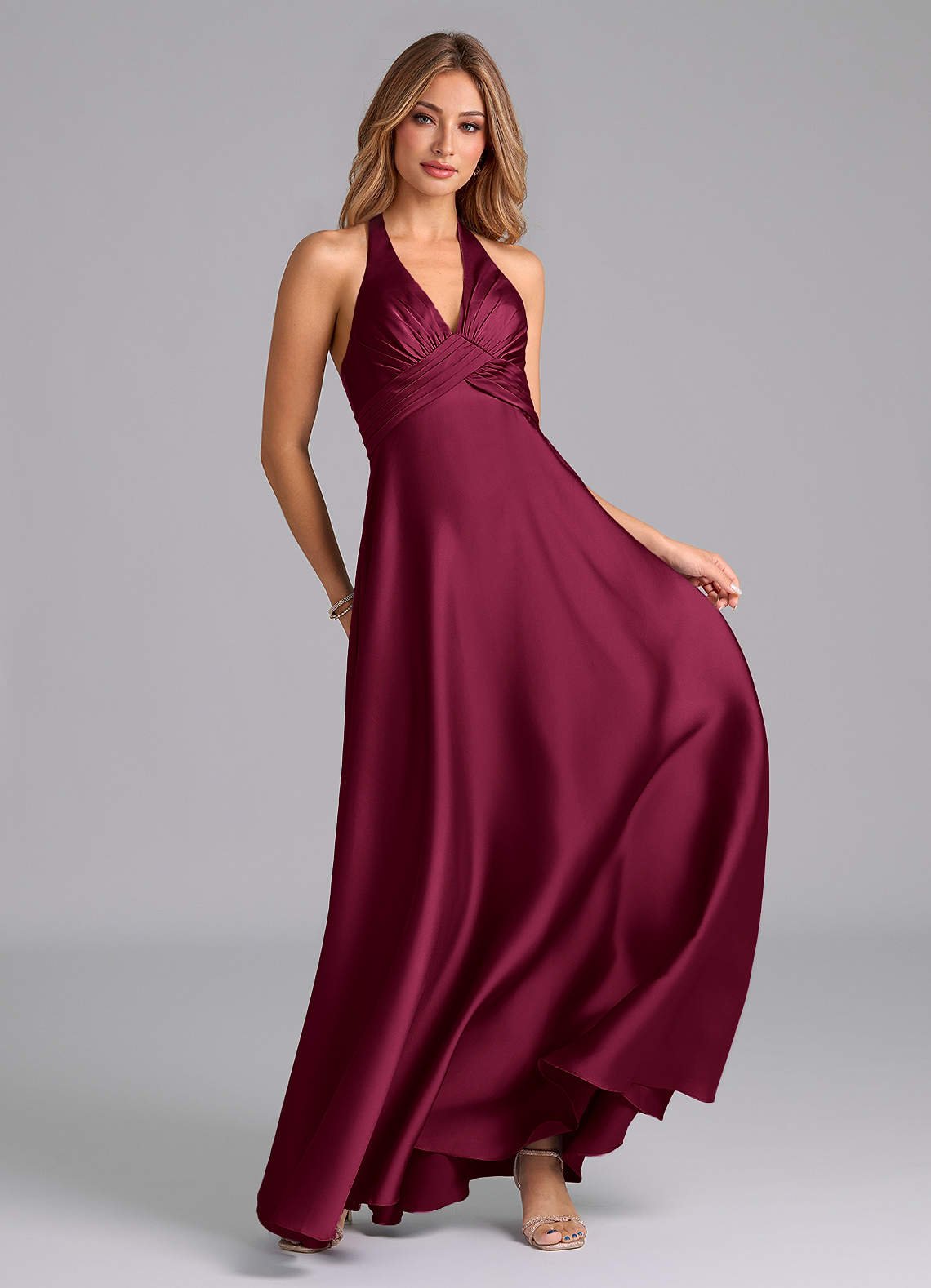 Tessie A-Line V-Neck Stretch Satin Bridesmaid Dress in Burgundy