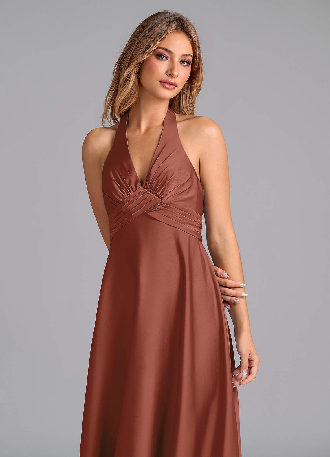 Tessie A-Line V-Neck Stretch Satin Bridesmaid Dress in Auburn
