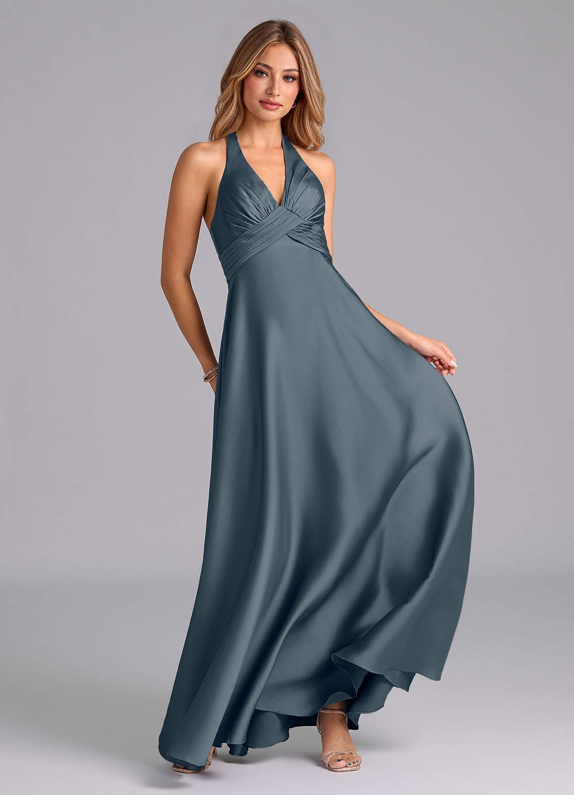 Tessie A-Line V-Neck Stretch Satin Bridesmaid Dress in Twilight