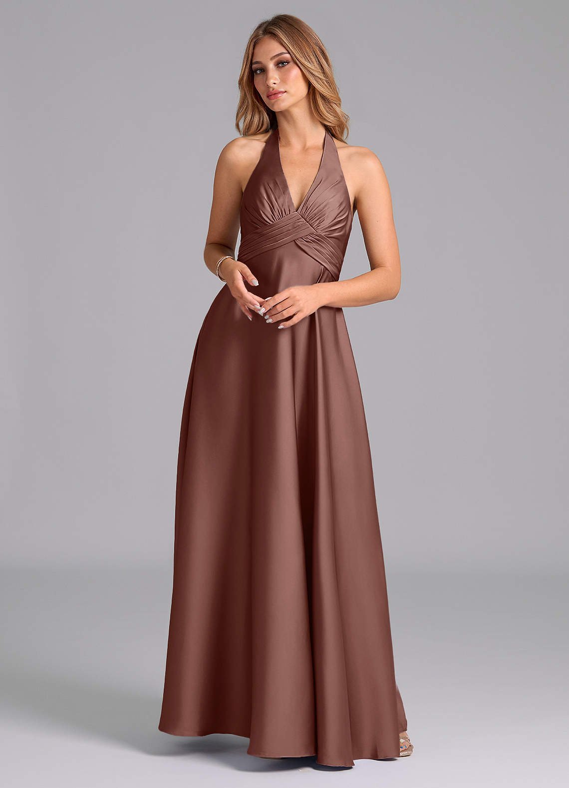 Tessie A-Line V-Neck Stretch Satin Bridesmaid Dress in Espresso