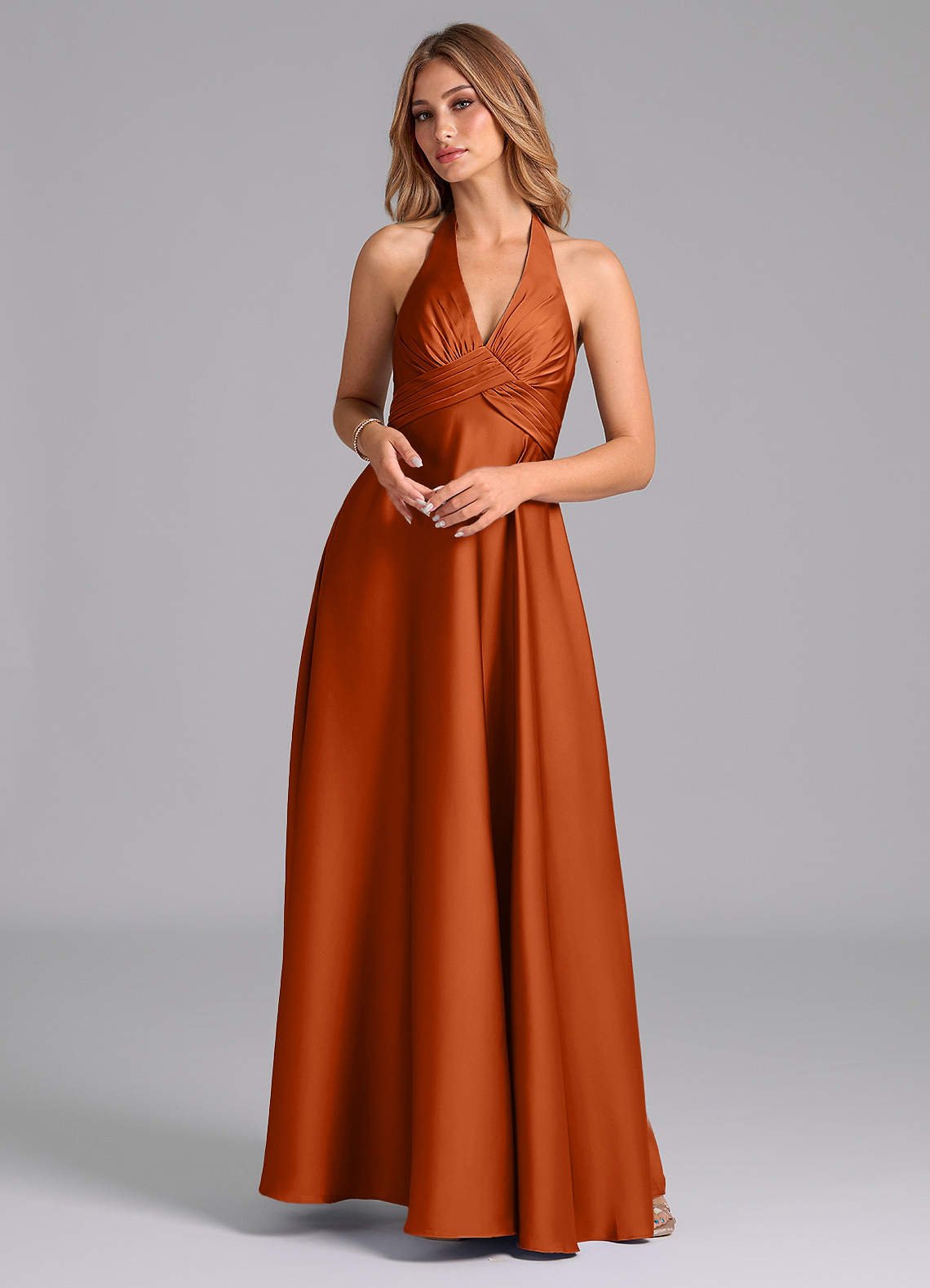 Tessie A-Line V-Neck Stretch Satin Bridesmaid Dress in Burnt Orange