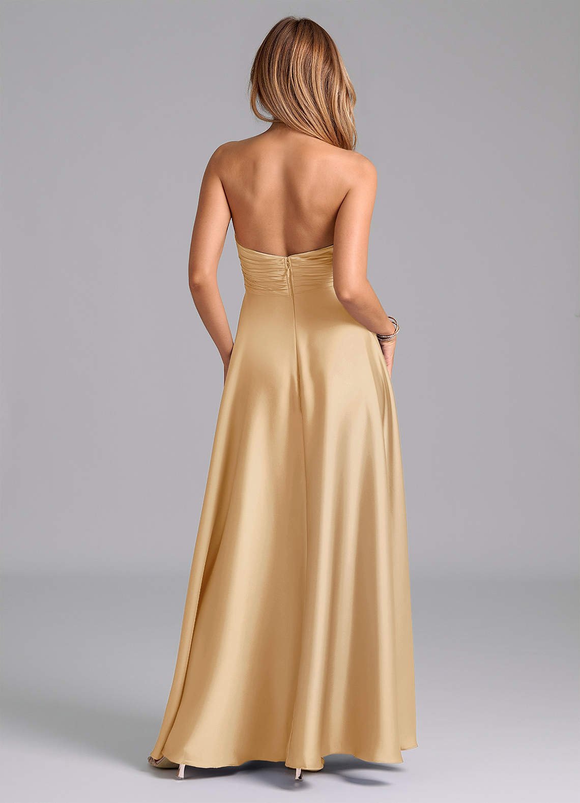 Tessie A-Line V-Neck Stretch Satin Bridesmaid Dress in Gold