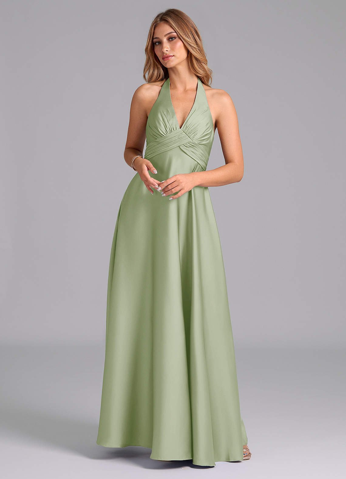 Tessie A-Line V-Neck Stretch Satin Bridesmaid Dress in Dusty Sage