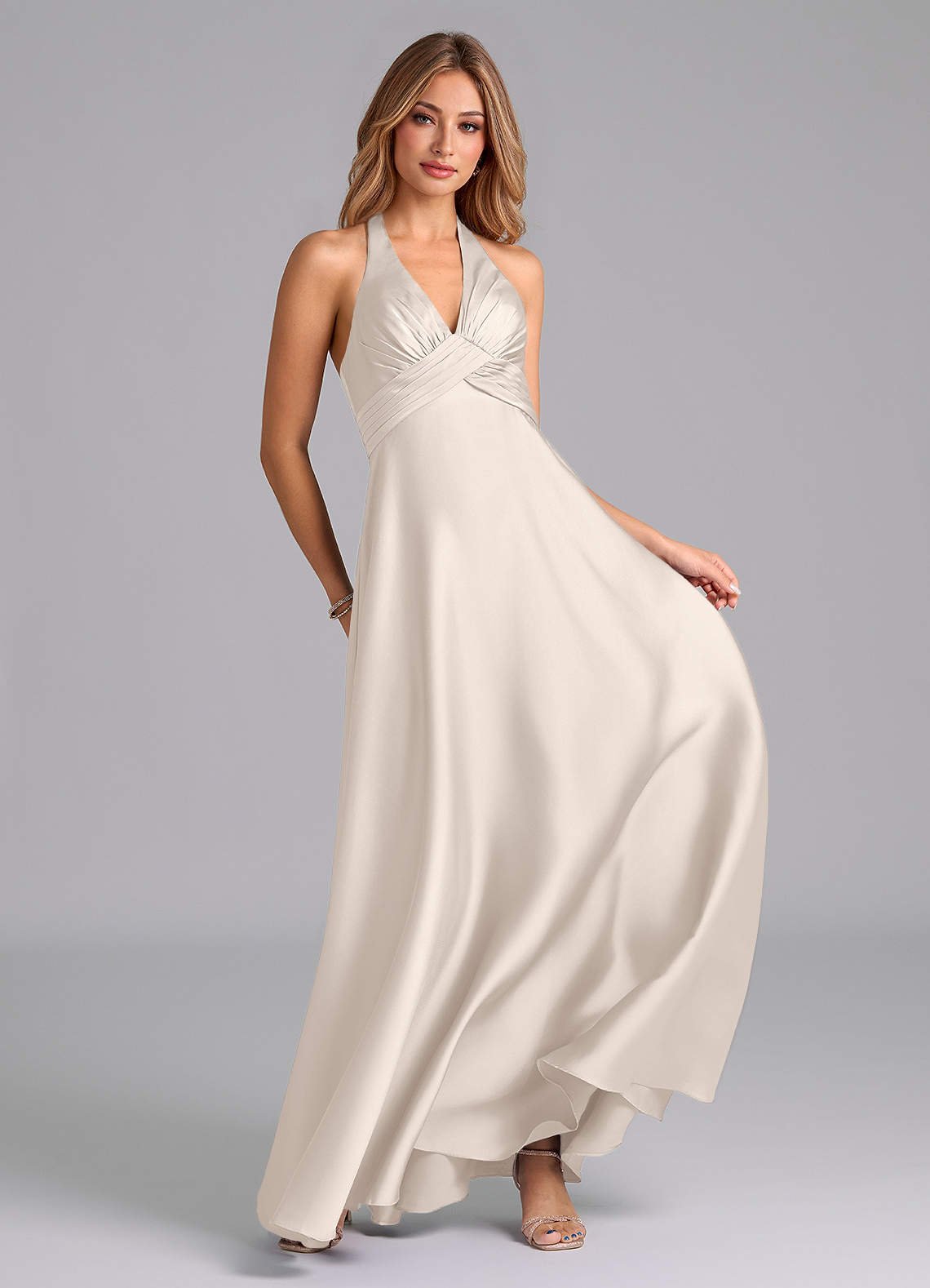 Tessie A-Line V-Neck Stretch Satin Bridesmaid Dress in White Alabaster