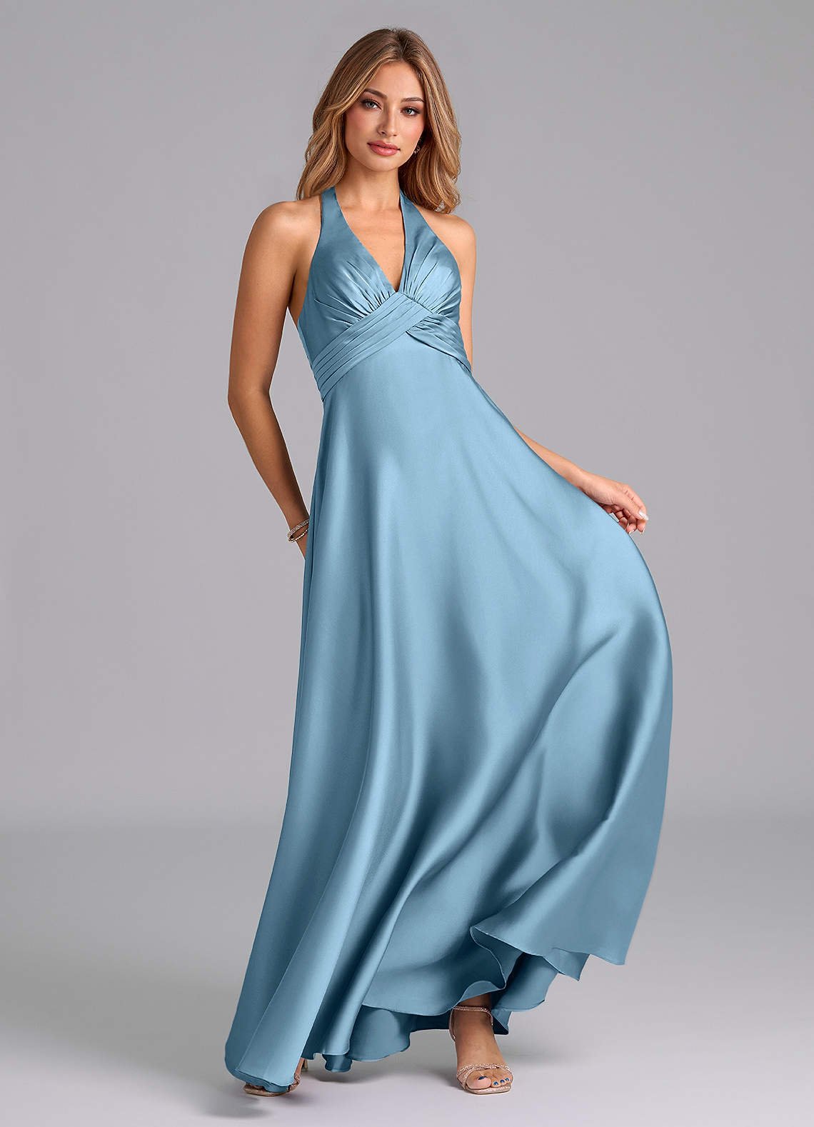 Tessie A-Line V-Neck Stretch Satin Bridesmaid Dress in Steel Blue