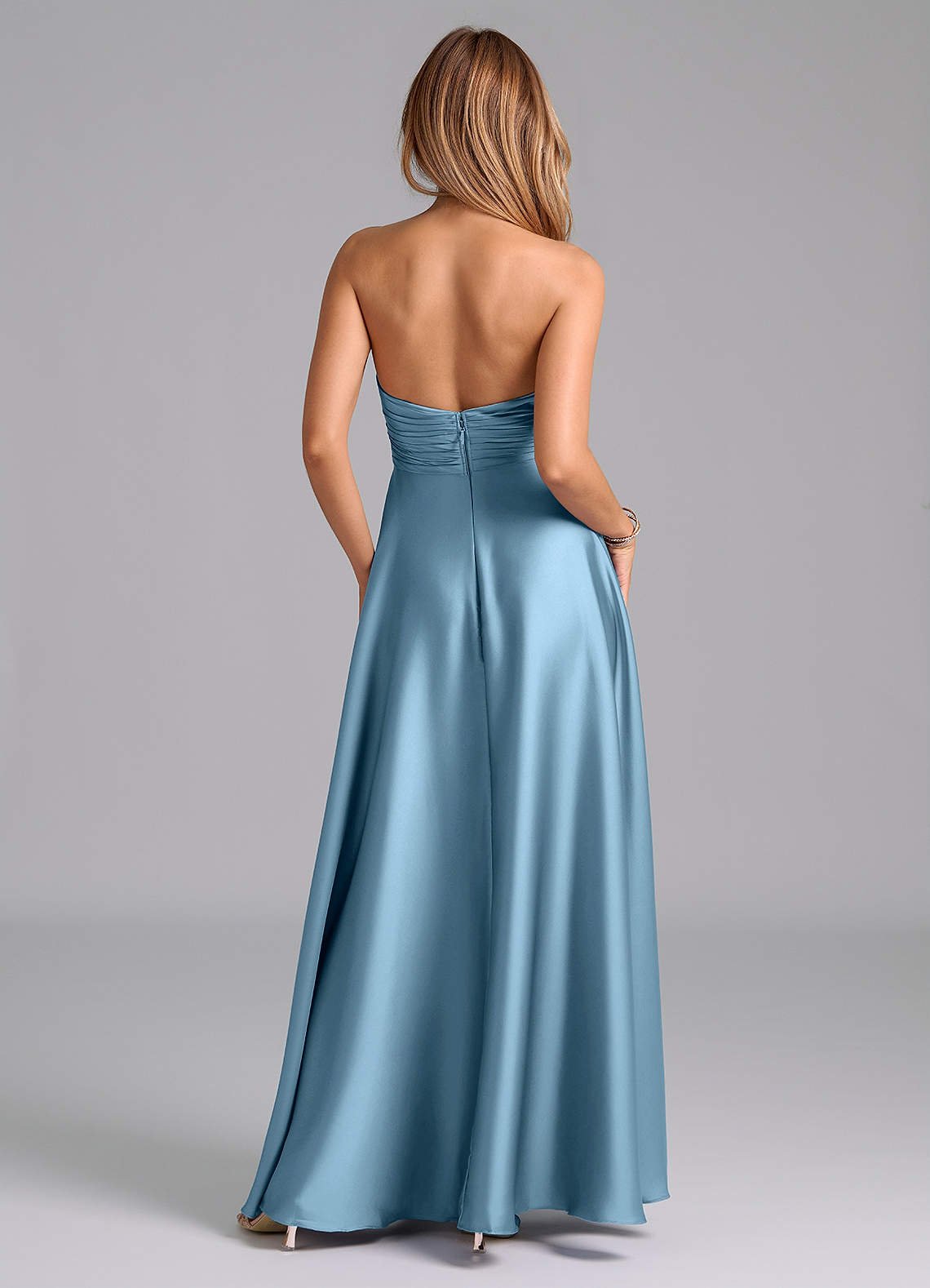Tessie A-Line V-Neck Stretch Satin Bridesmaid Dress in Steel Blue
