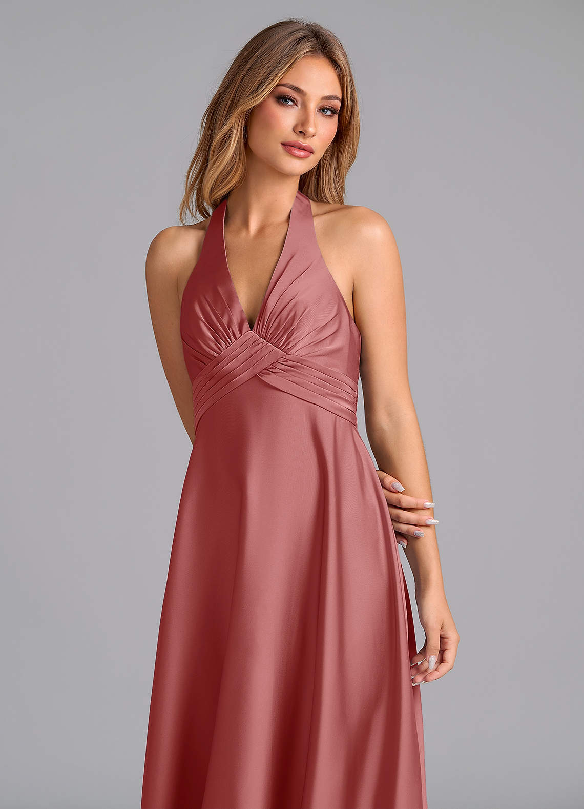 Tessie A-Line V-Neck Stretch Satin Bridesmaid Dress in Antique Rose
