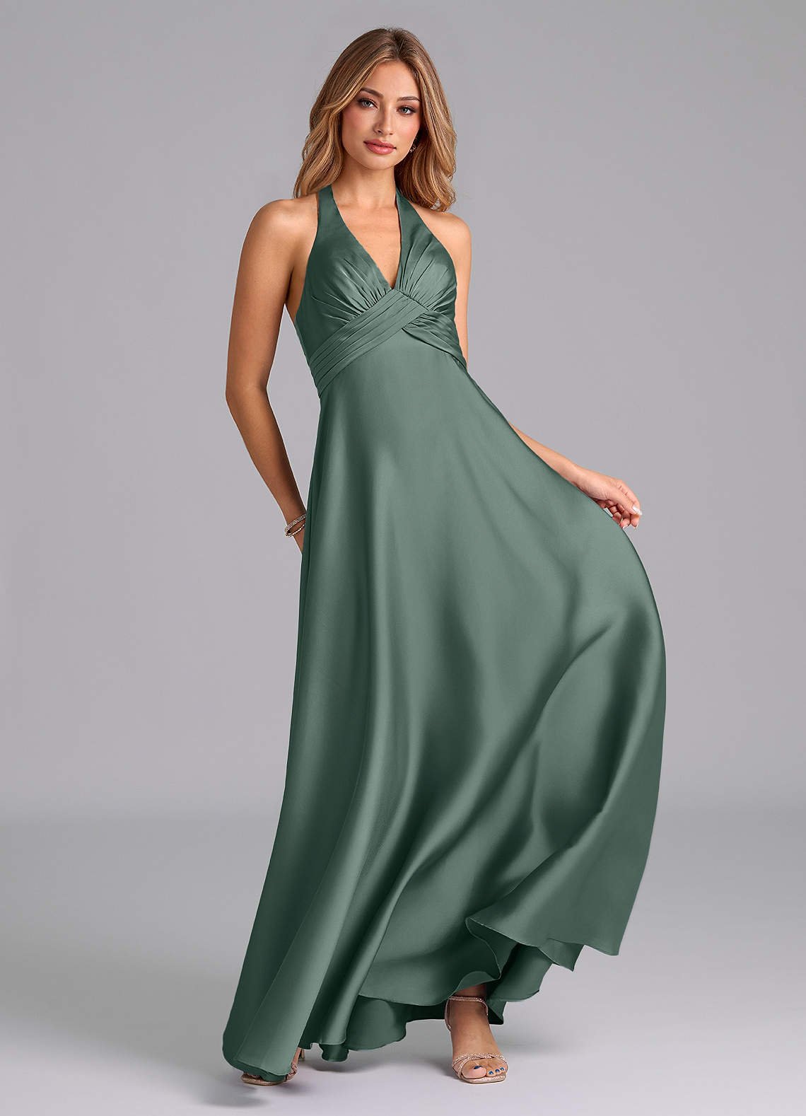 Tessie A-Line V-Neck Stretch Satin Bridesmaid Dress in Sea Moss