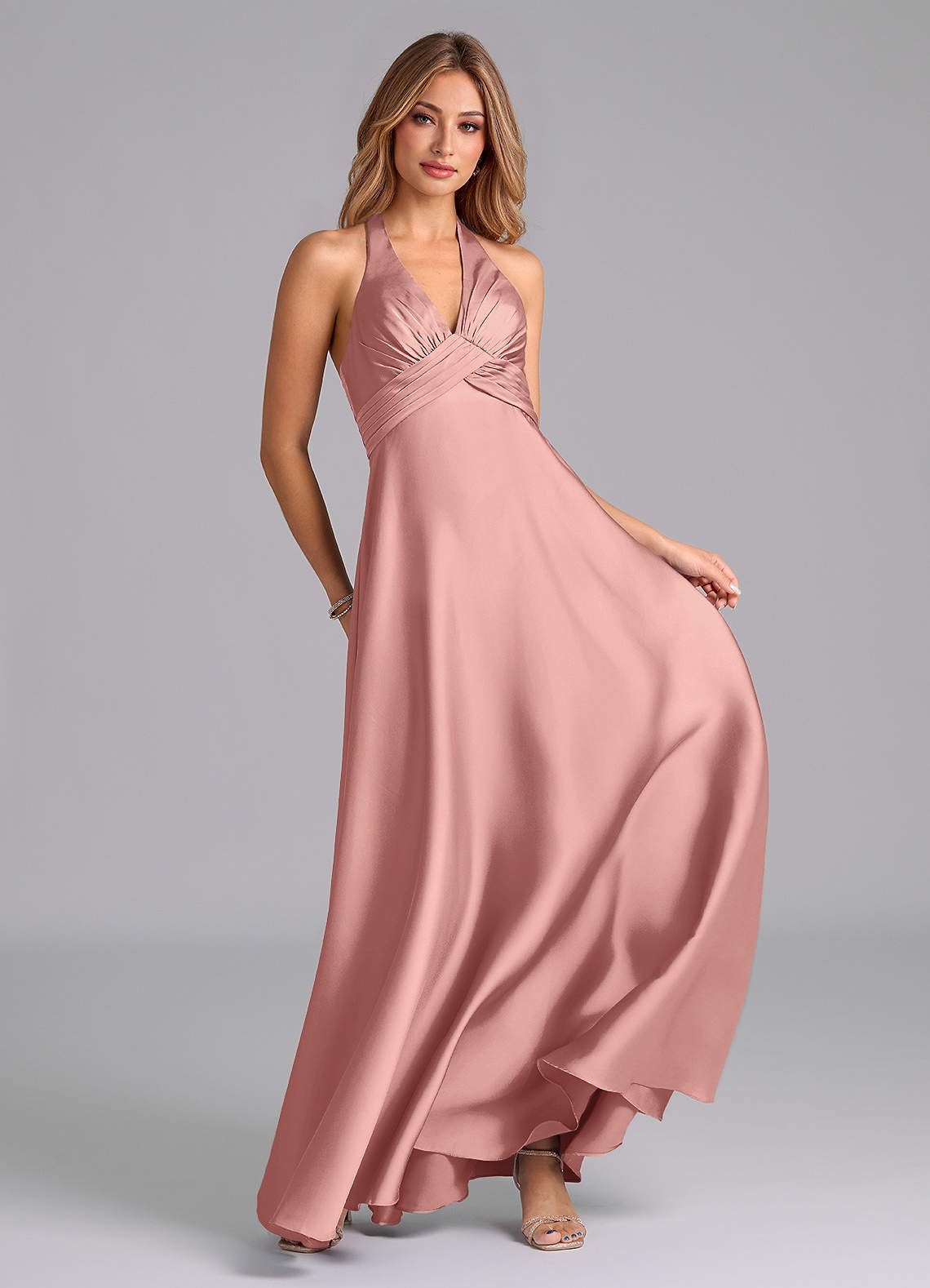 Tessie A-Line V-Neck Stretch Satin Bridesmaid Dress in Rosette