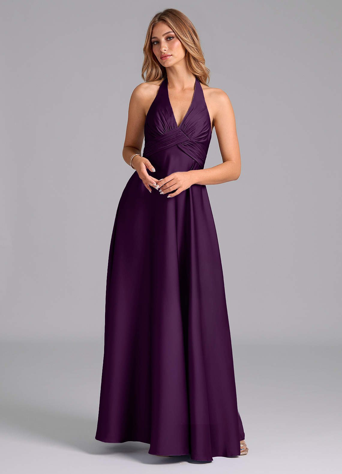Tessie A-Line V-Neck Stretch Satin Bridesmaid Dress in Grape