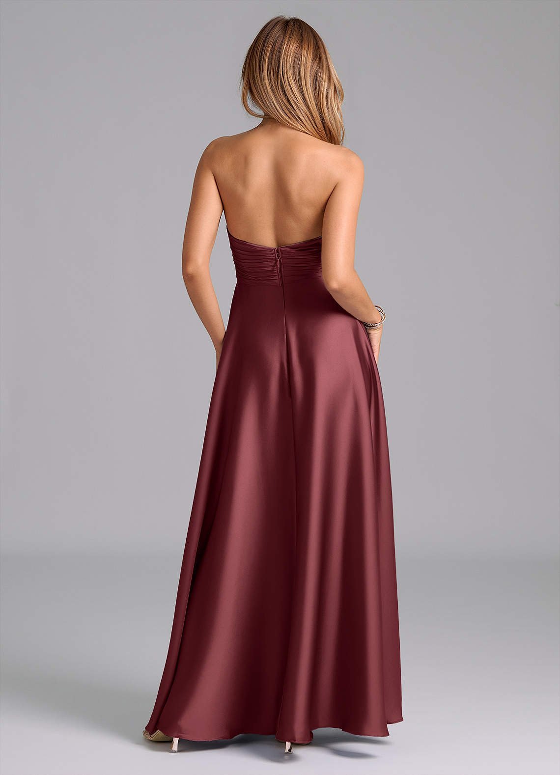 Tessie A-Line V-Neck Stretch Satin Bridesmaid Dress in Merlot