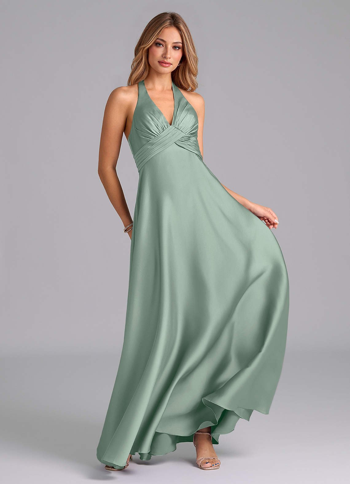 Tessie A-Line V-Neck Stretch Satin Bridesmaid Dress in Agave