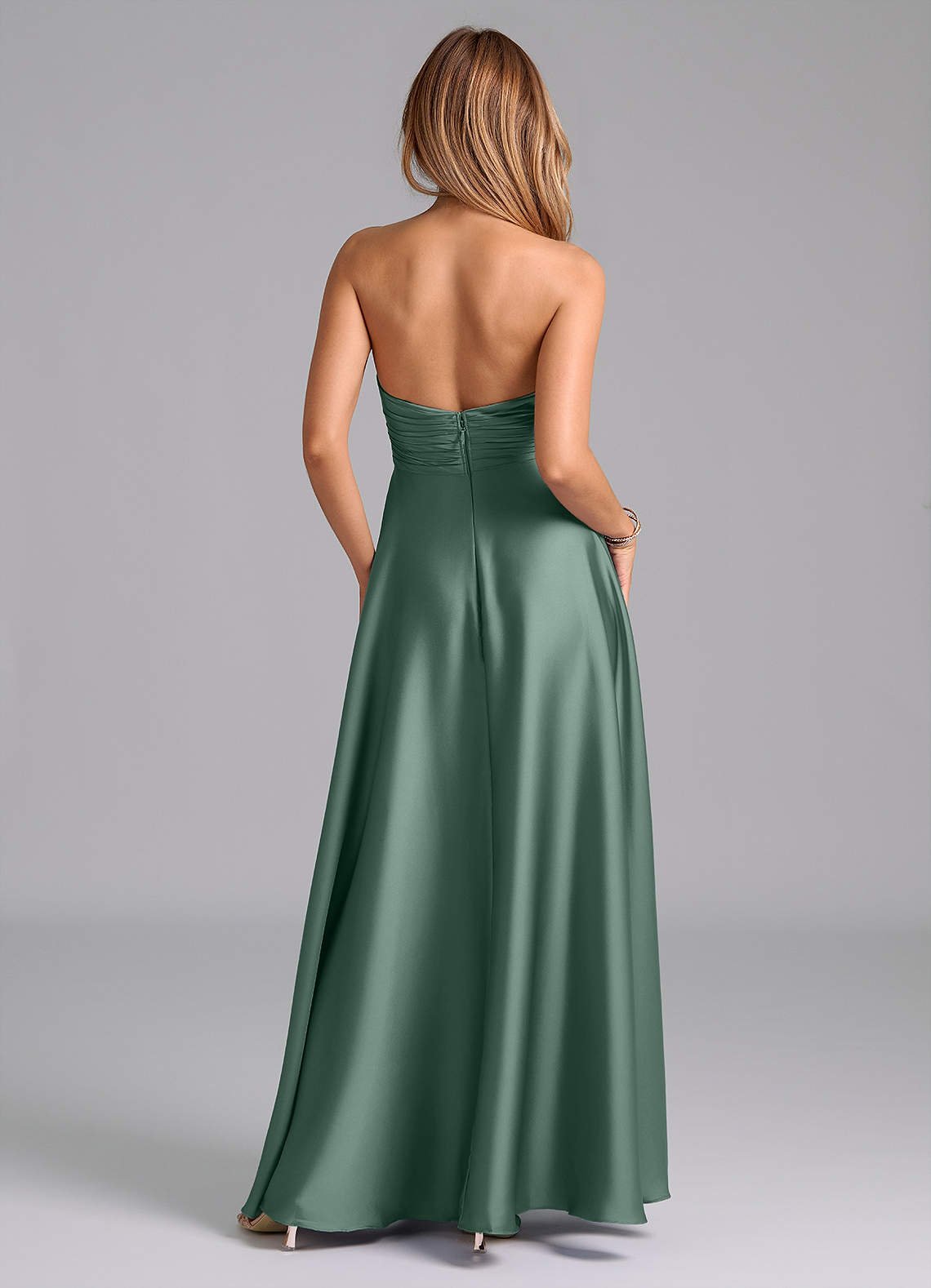 Tessie A-Line V-Neck Stretch Satin Bridesmaid Dress in Eucalyptus