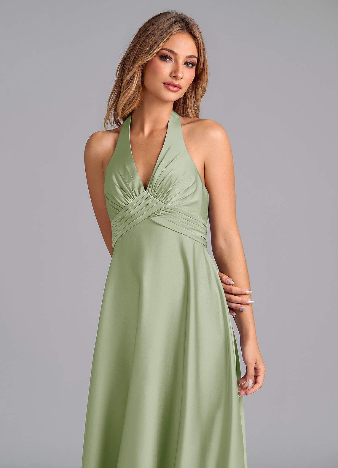 Tessie A-Line V-Neck Stretch Satin Bridesmaid Dress in Dusty Sage