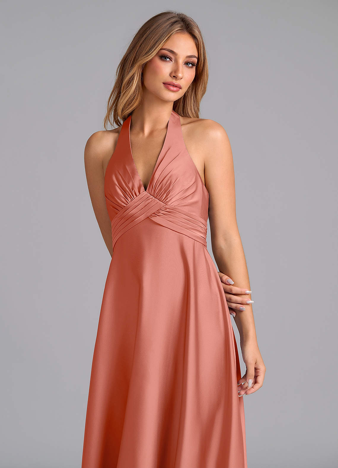 Tessie A-Line V-Neck Stretch Satin Bridesmaid Dress in Salmon Pink
