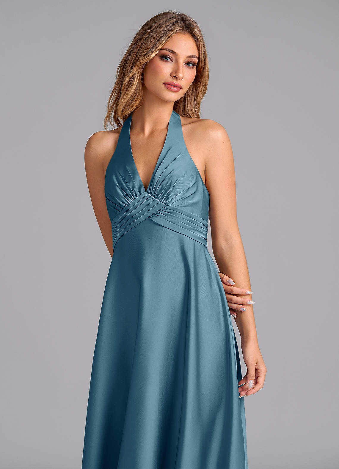 Tessie A-Line V-Neck Stretch Satin Bridesmaid Dress in Bermuda