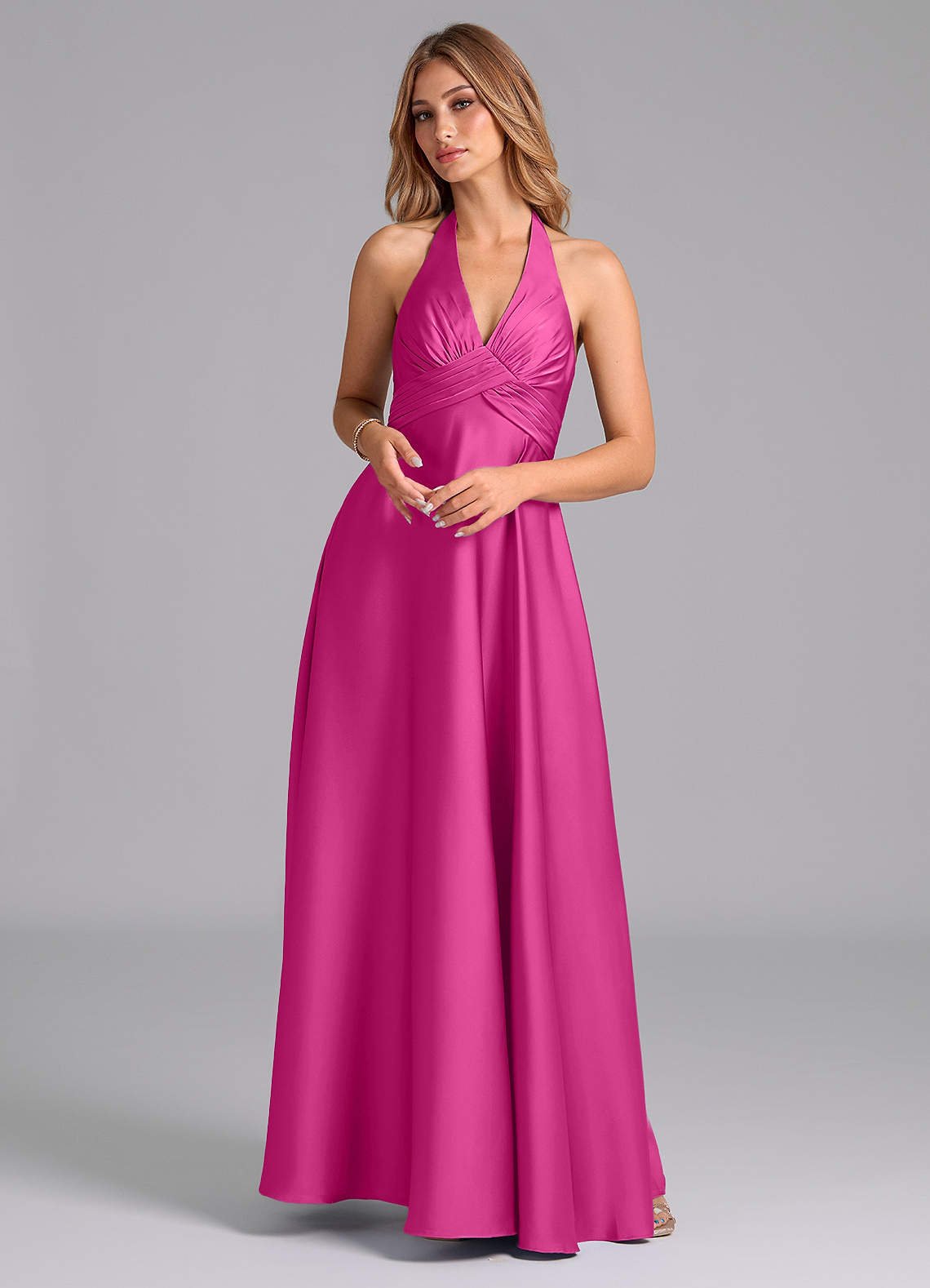 Tessie A-Line V-Neck Stretch Satin Bridesmaid Dress in Fuchsia