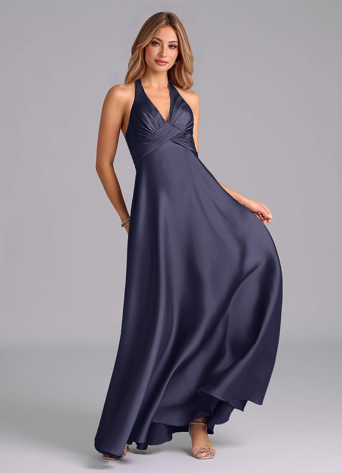 Tessie A-Line V-Neck Stretch Satin Bridesmaid Dress in Stormy
