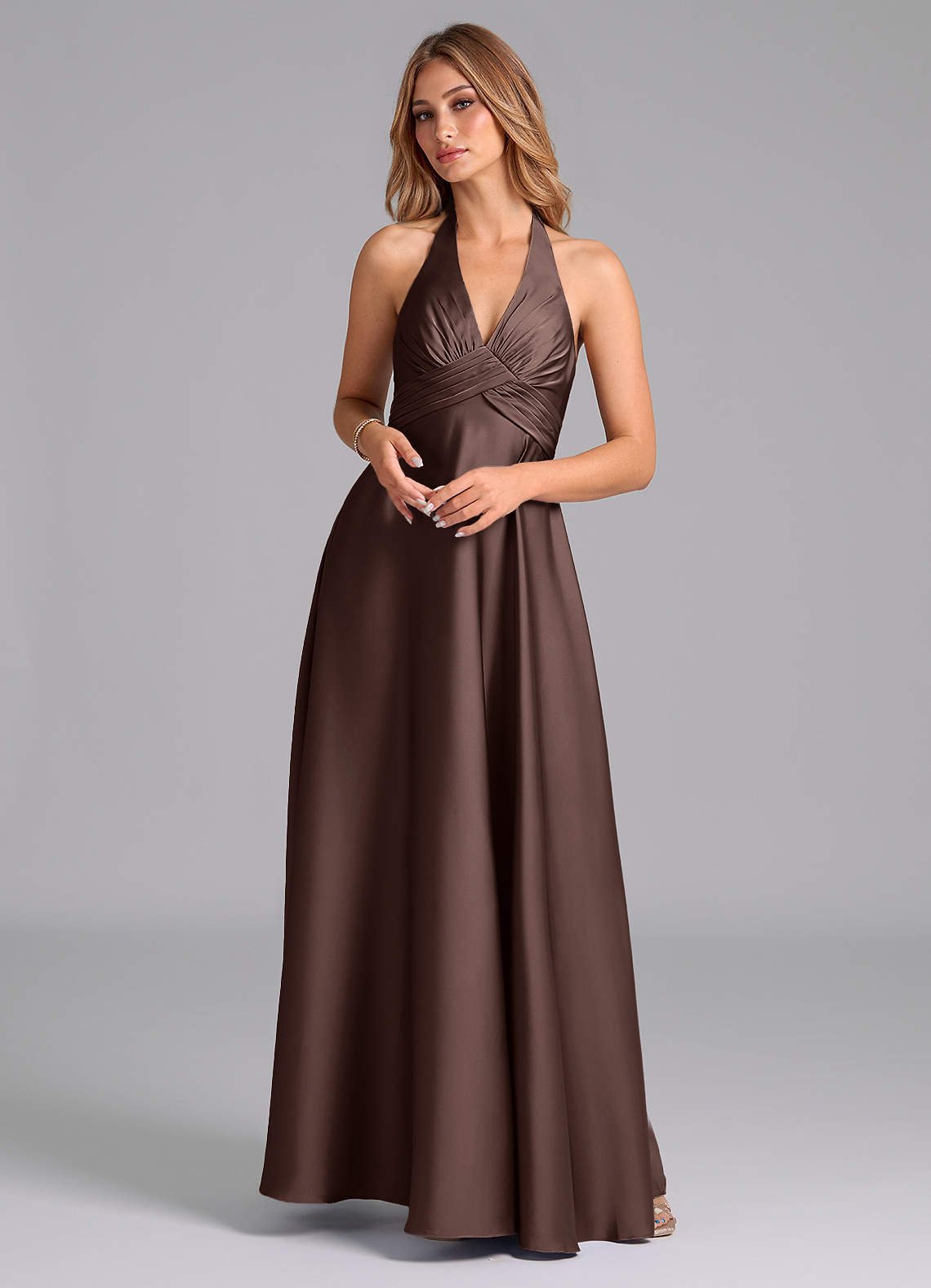 Tessie A-Line V-Neck Stretch Satin Bridesmaid Dress in Ganache