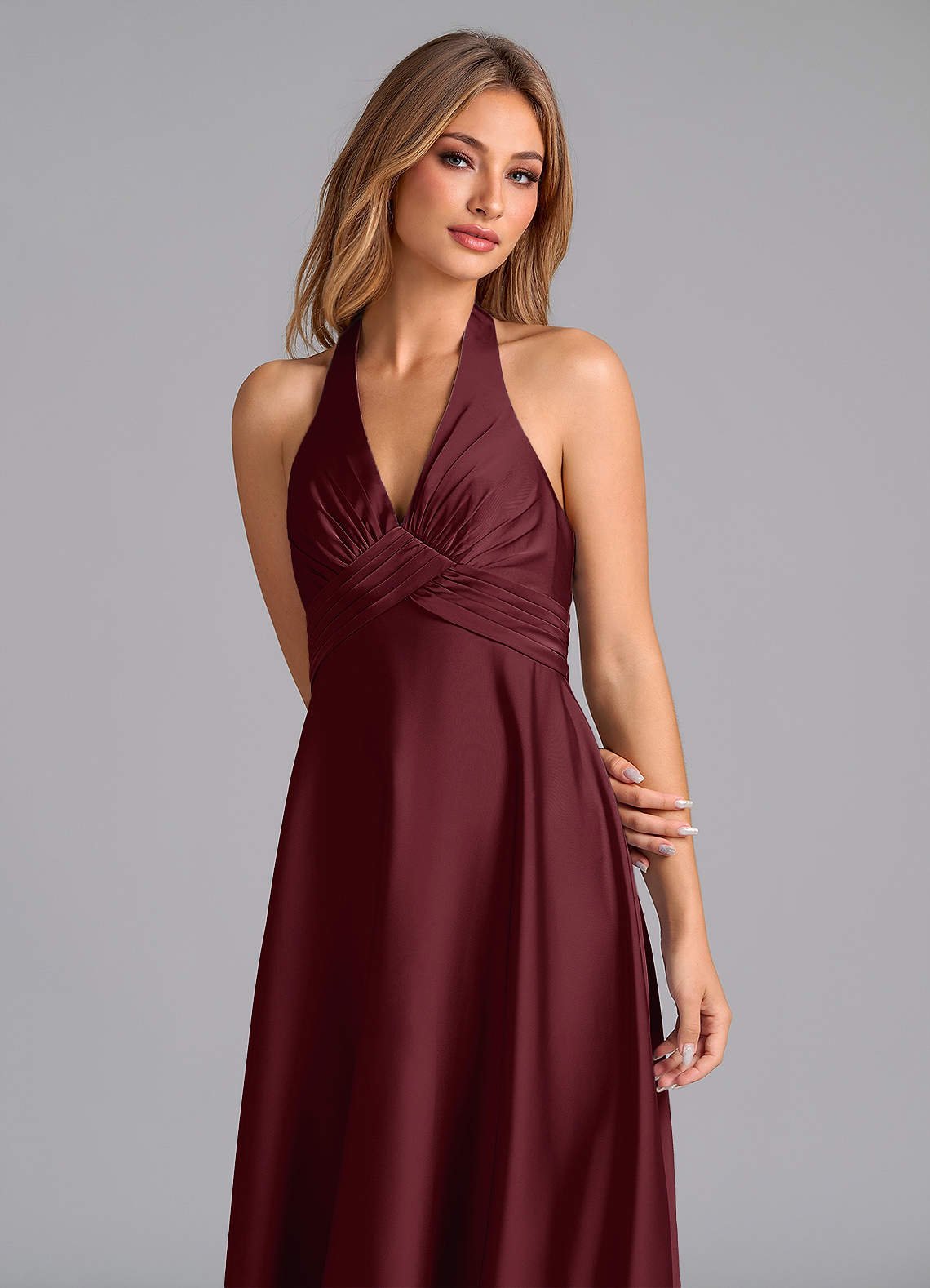 Tessie A-Line V-Neck Stretch Satin Bridesmaid Dress in Cabernet
