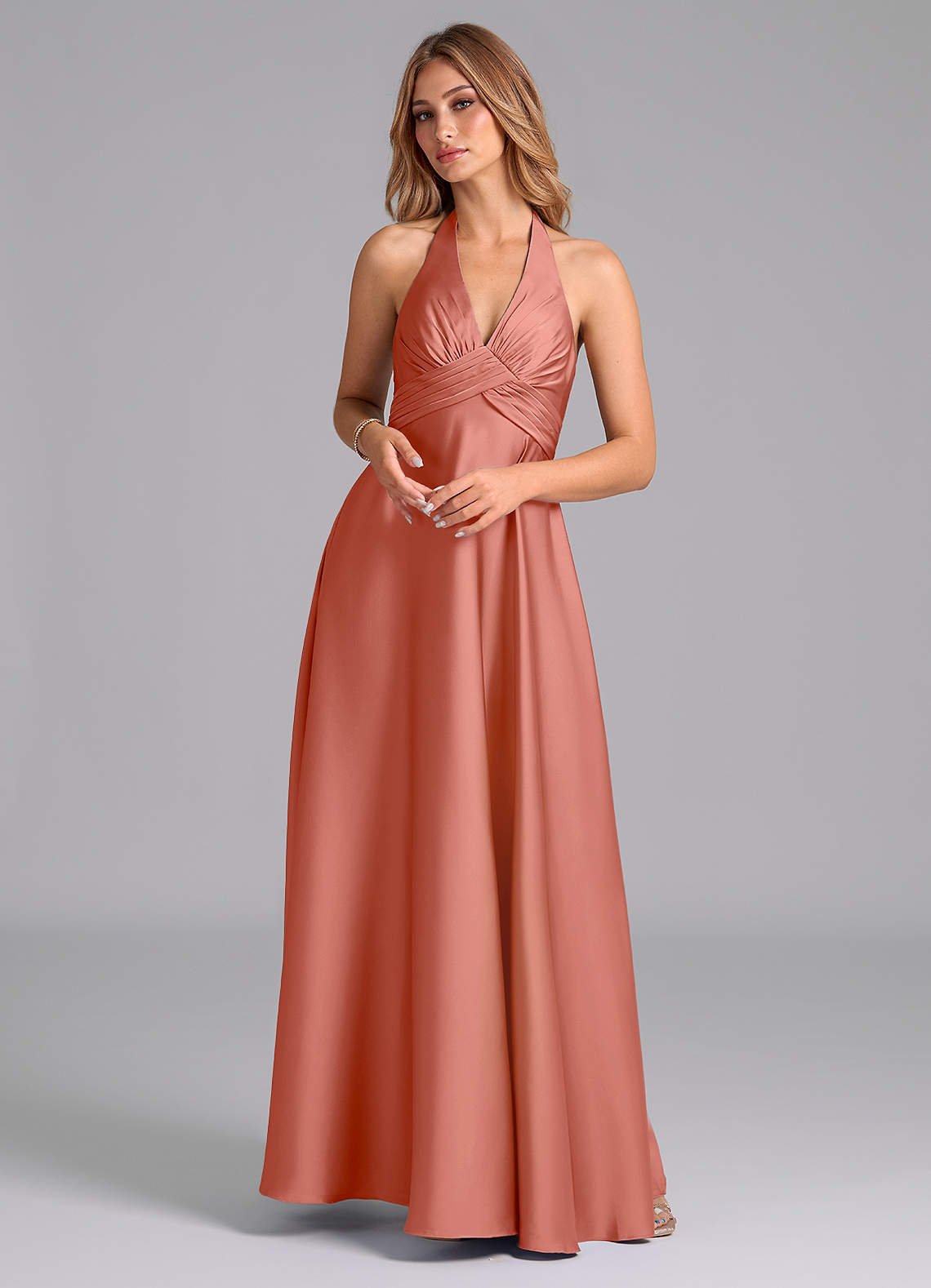 Tessie A-Line V-Neck Stretch Satin Bridesmaid Dress in Salmon Pink