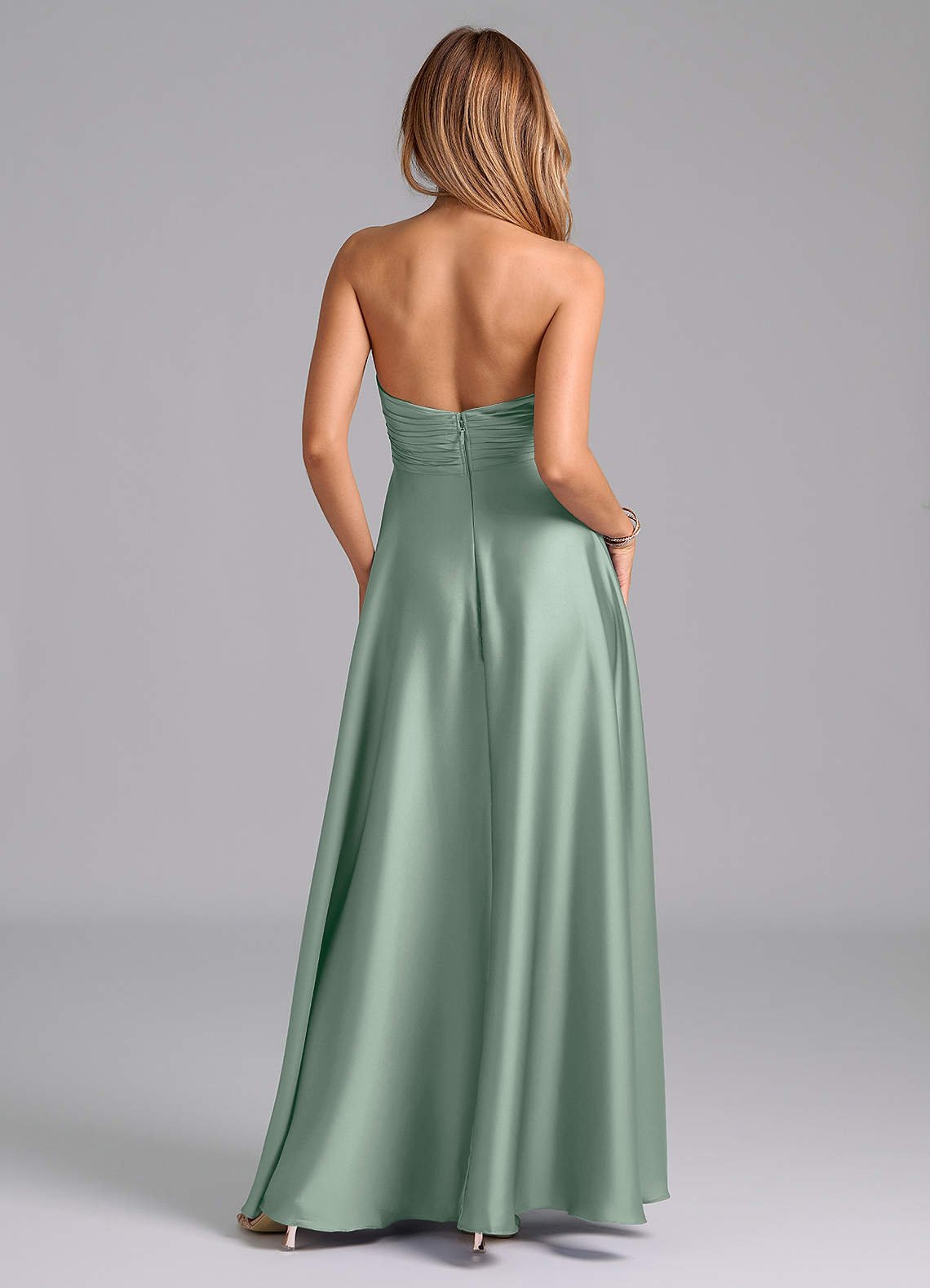 Tessie A-Line V-Neck Stretch Satin Bridesmaid Dress in Agave