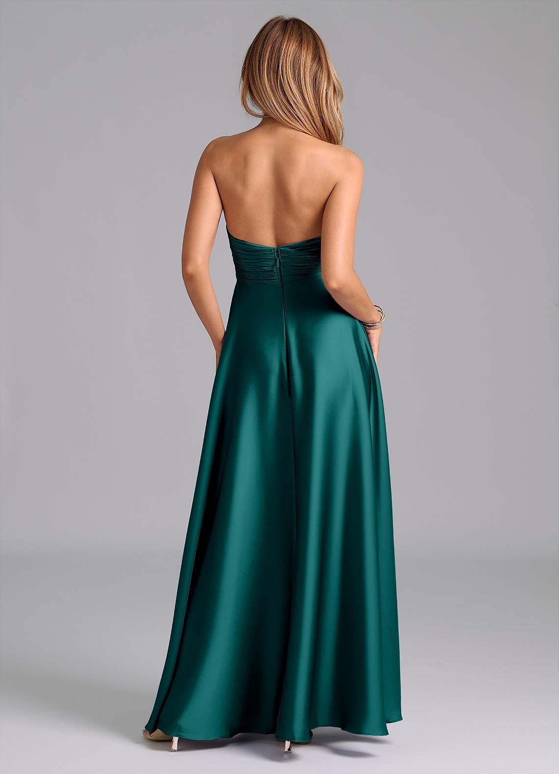 Tessie A-Line V-Neck Stretch Satin Bridesmaid Dress in Peacock