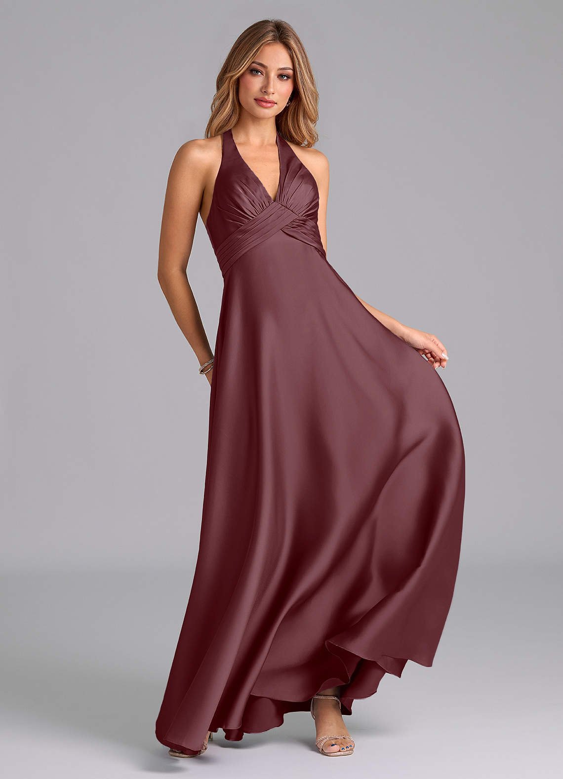 Tessie A-Line V-Neck Stretch Satin Bridesmaid Dress in Sangria
