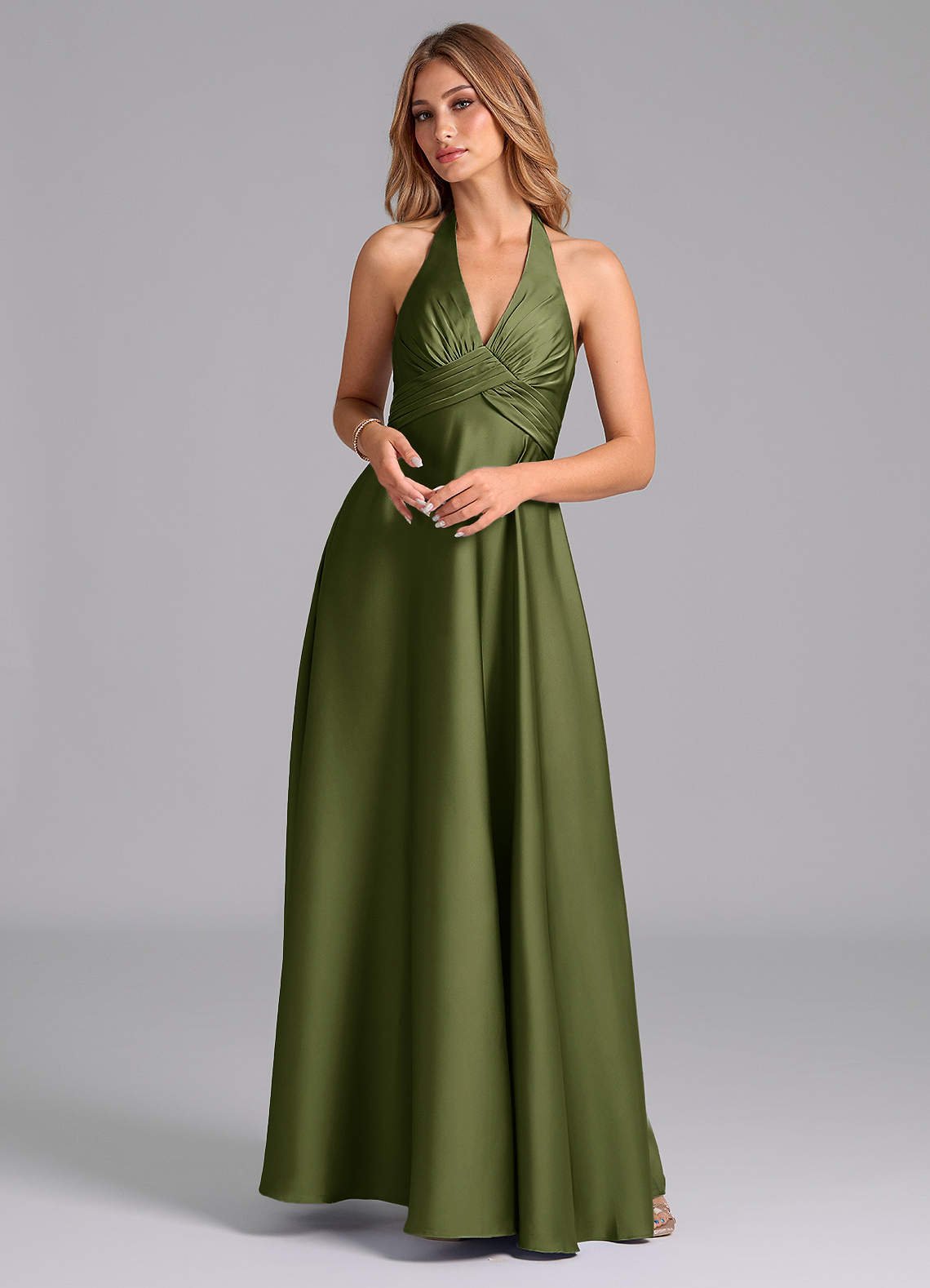Tessie A-Line V-Neck Stretch Satin Bridesmaid Dress in Olive