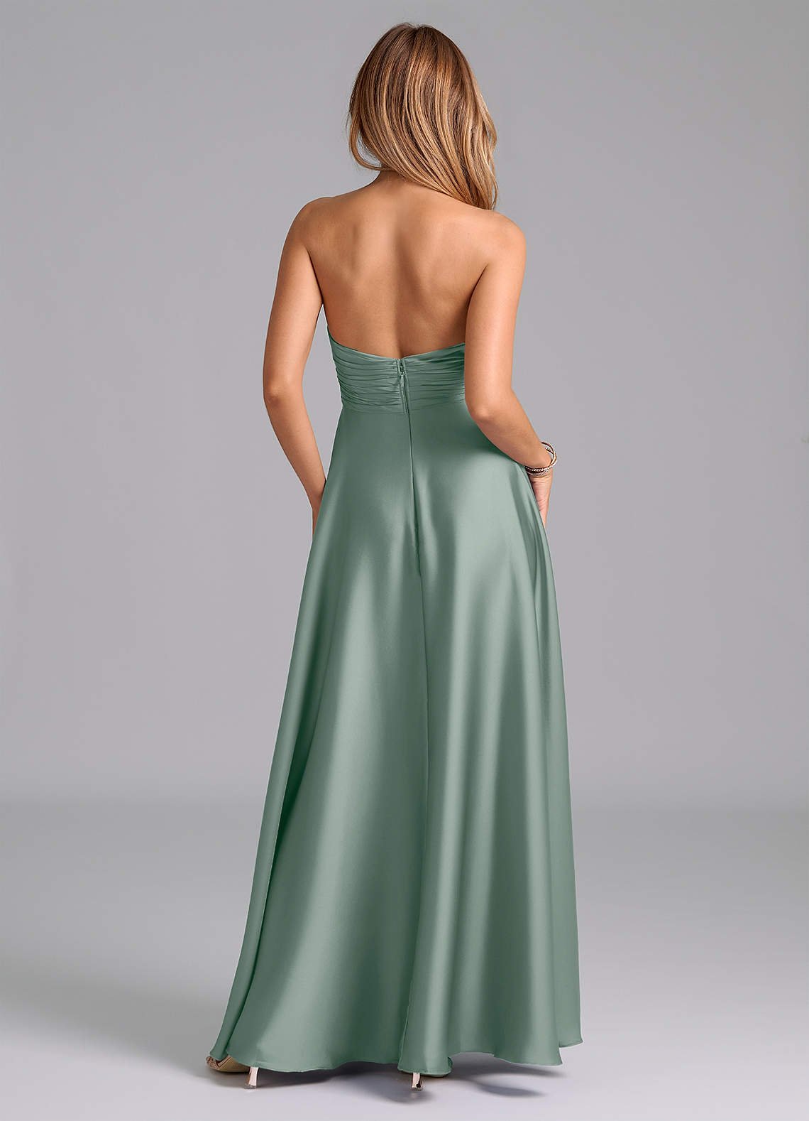 Tessie A-Line V-Neck Stretch Satin Bridesmaid Dress in Silver Sage