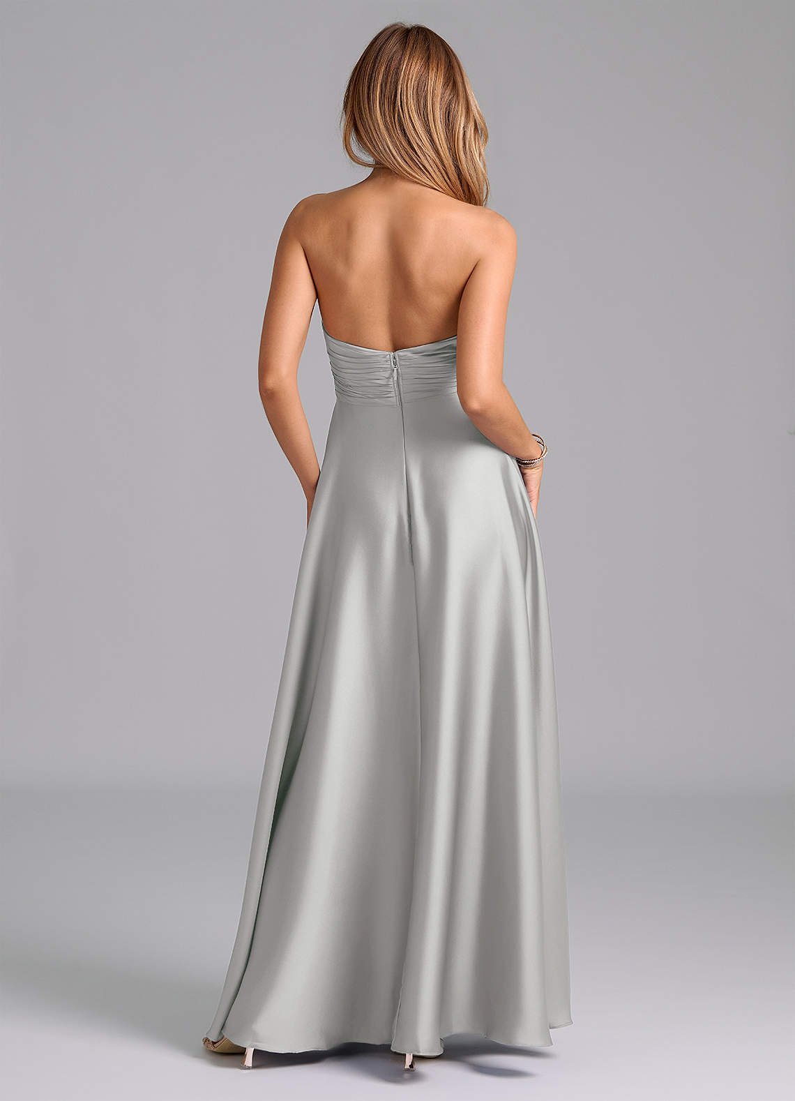 Tessie A-Line V-Neck Stretch Satin Bridesmaid Dress in Silver