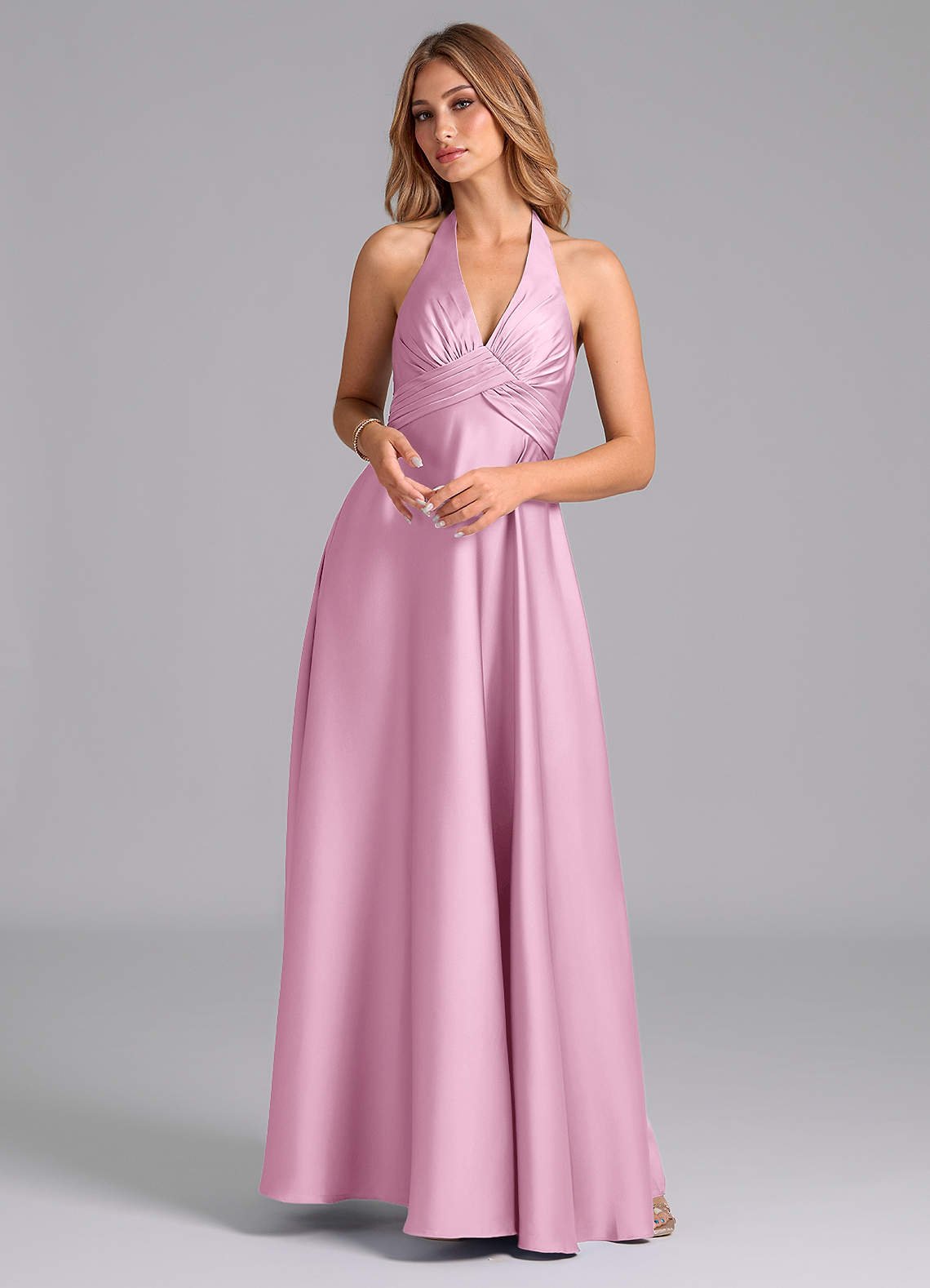 Tessie A-Line V-Neck Stretch Satin Bridesmaid Dress in candy pink