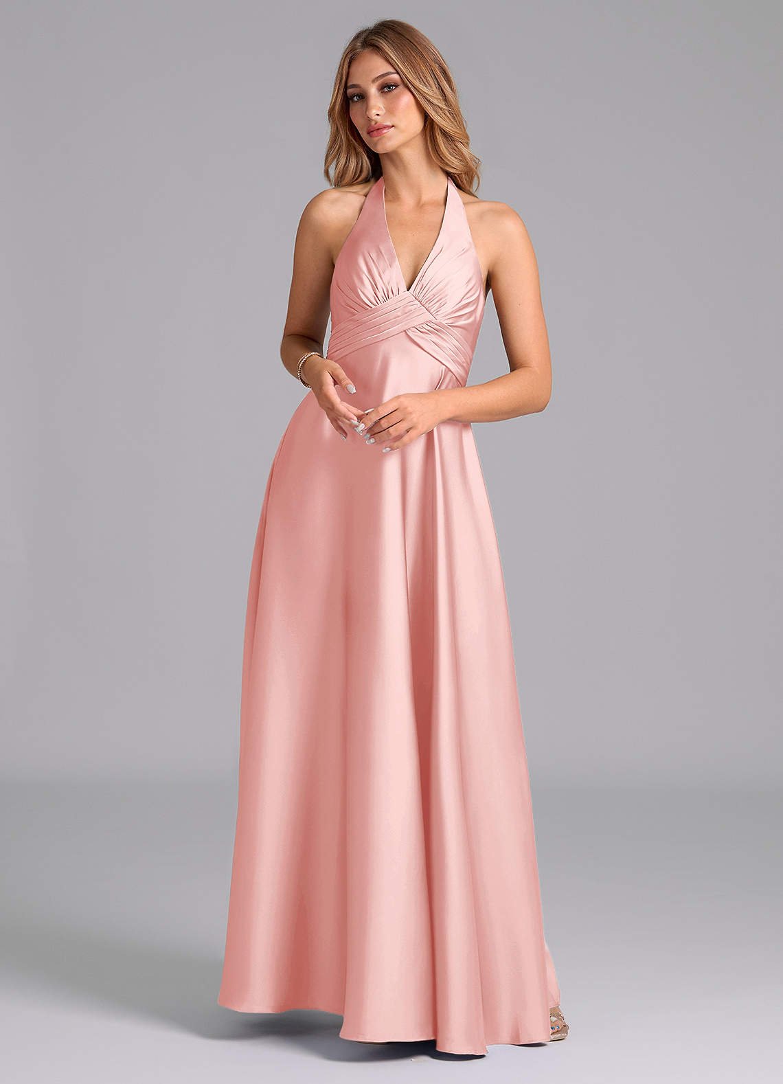 Tessie A-Line V-Neck Stretch Satin Bridesmaid Dress in Powder Pink