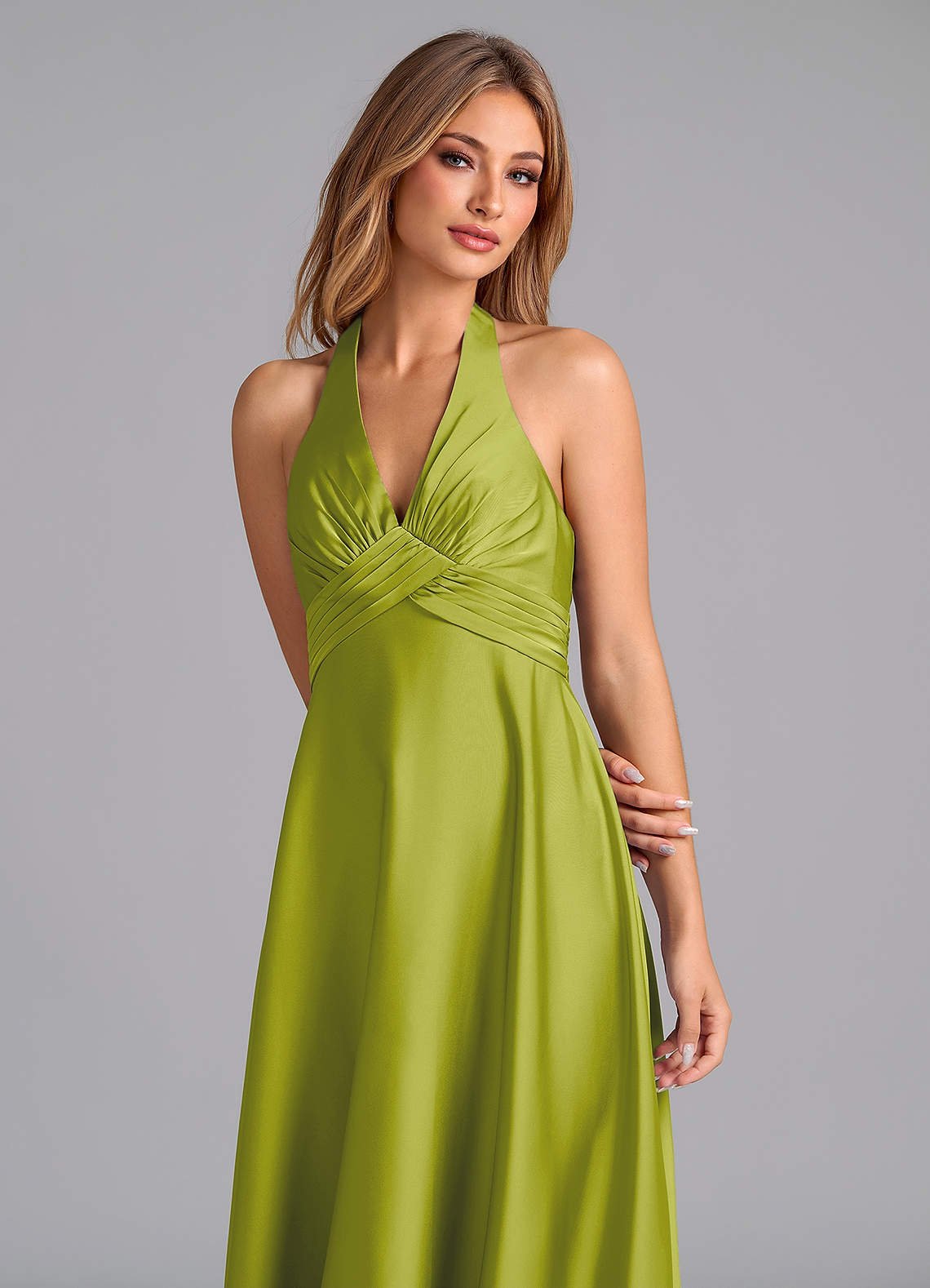 Tessie A-Line V-Neck Stretch Satin Bridesmaid Dress in Lemongrass