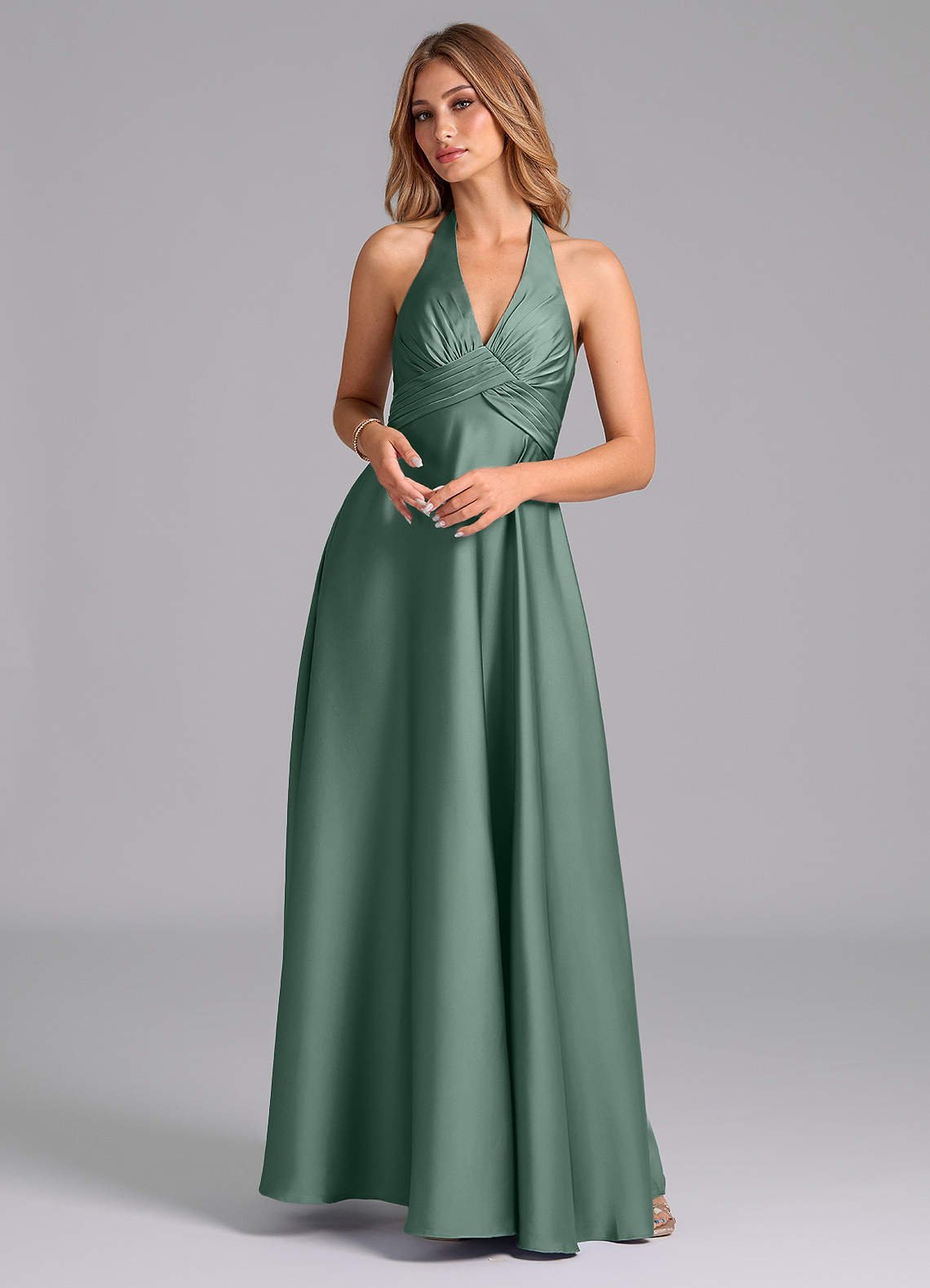 Tessie A-Line V-Neck Stretch Satin Bridesmaid Dress in Eucalyptus