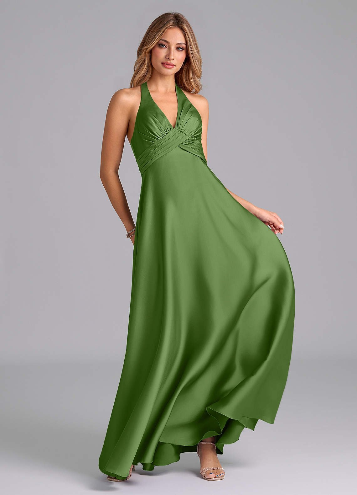 Tessie A-Line V-Neck Stretch Satin Bridesmaid Dress in Basil