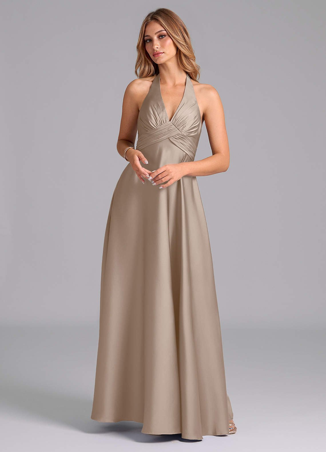 Tessie A-Line V-Neck Stretch Satin Bridesmaid Dress in Taupe