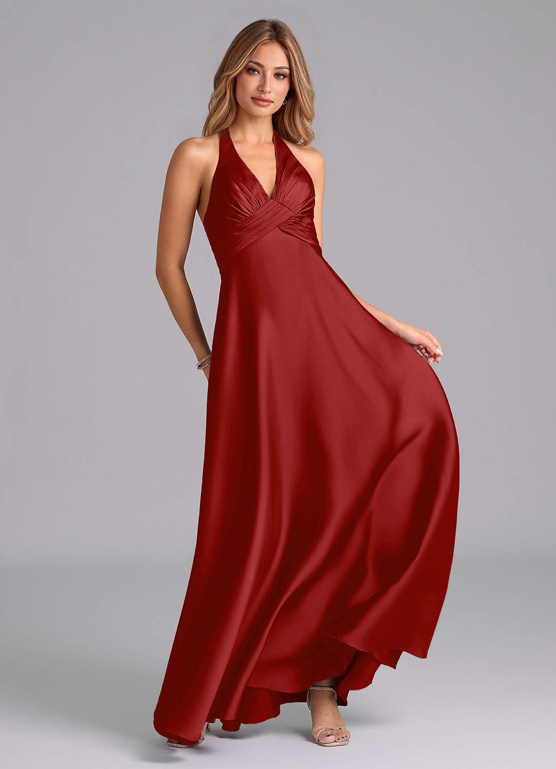 Tessie A-Line V-Neck Stretch Satin Bridesmaid Dress in Pomegranate