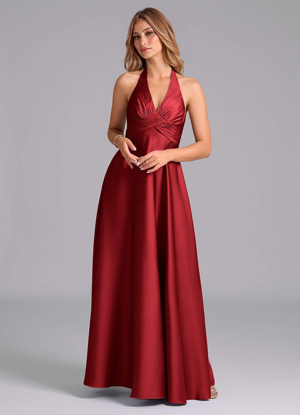 Tessie A-Line V-Neck Stretch Satin Bridesmaid Dress in Scarlet