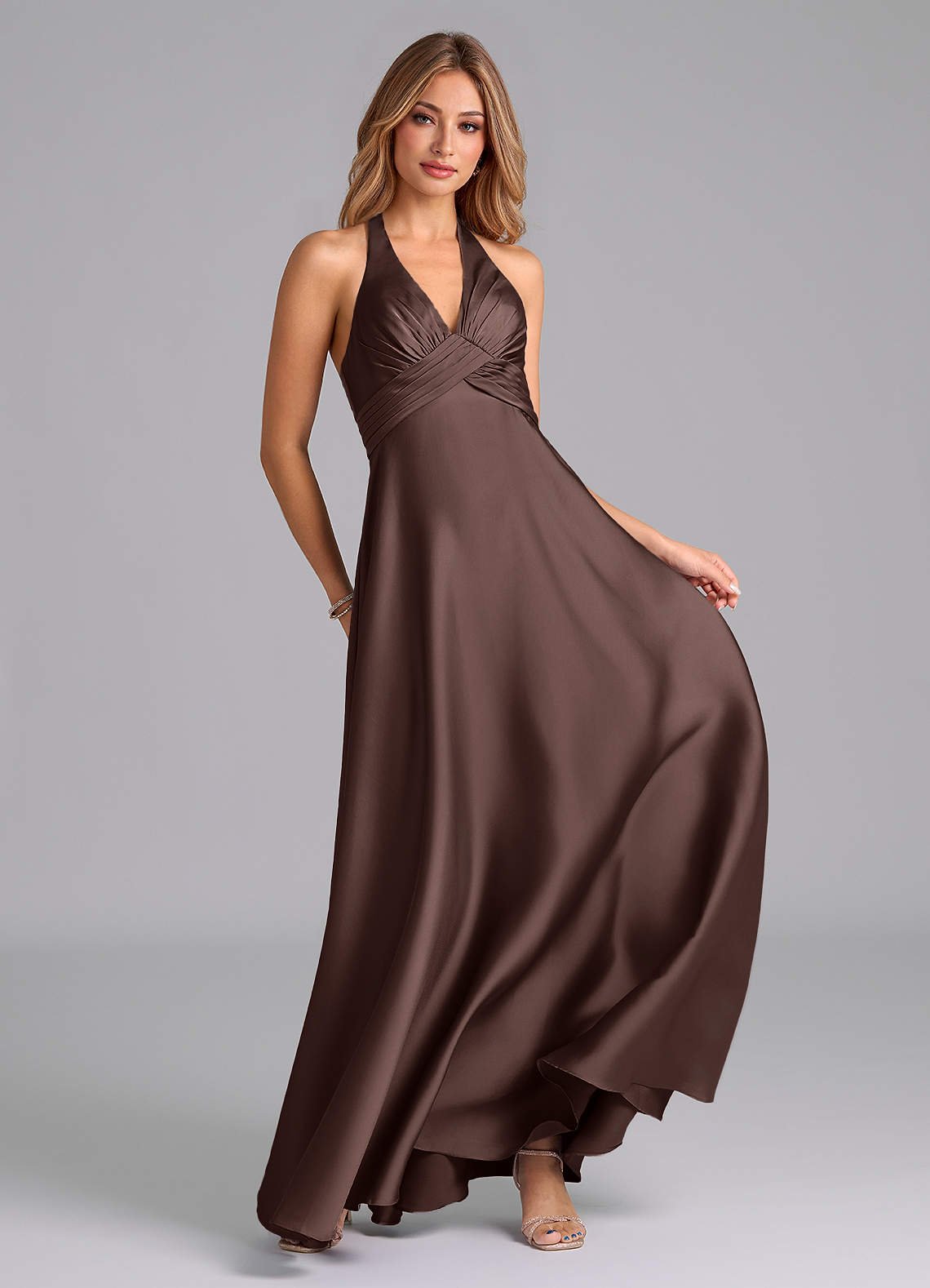 Tessie A-Line V-Neck Stretch Satin Bridesmaid Dress in Ganache