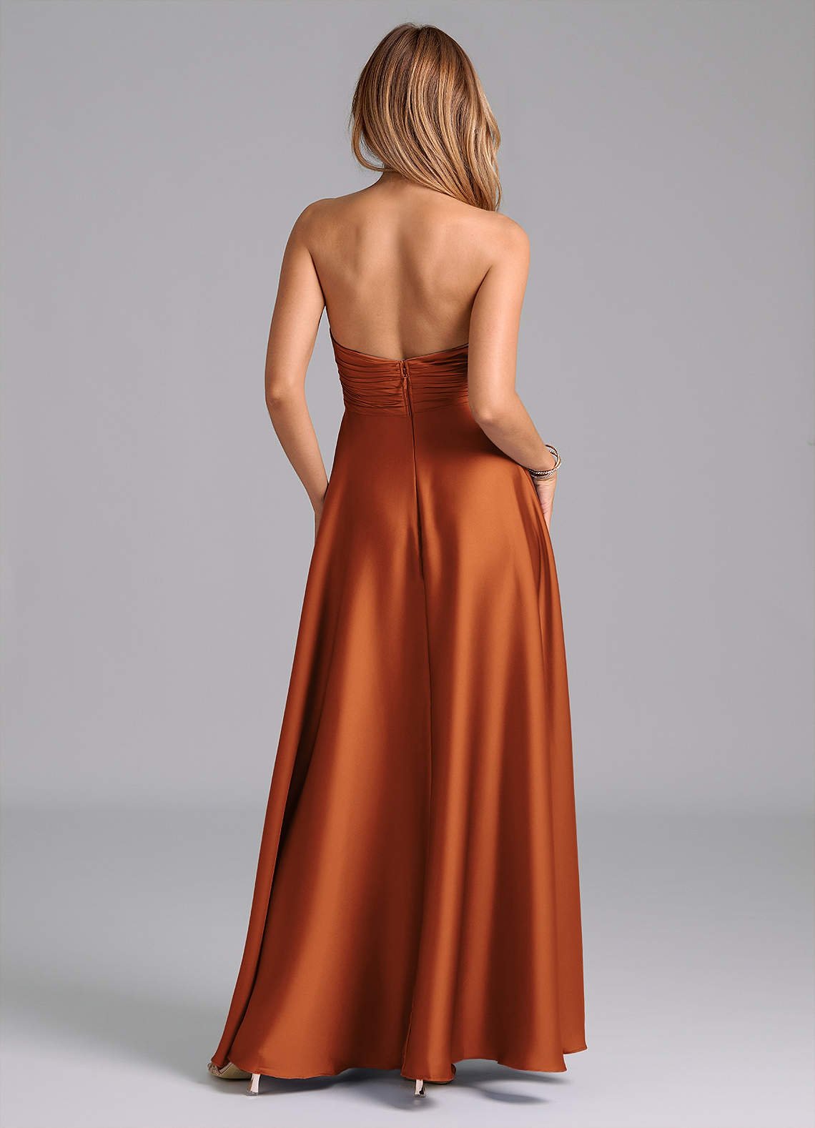 Tessie A-Line V-Neck Stretch Satin Bridesmaid Dress in Cinnamon