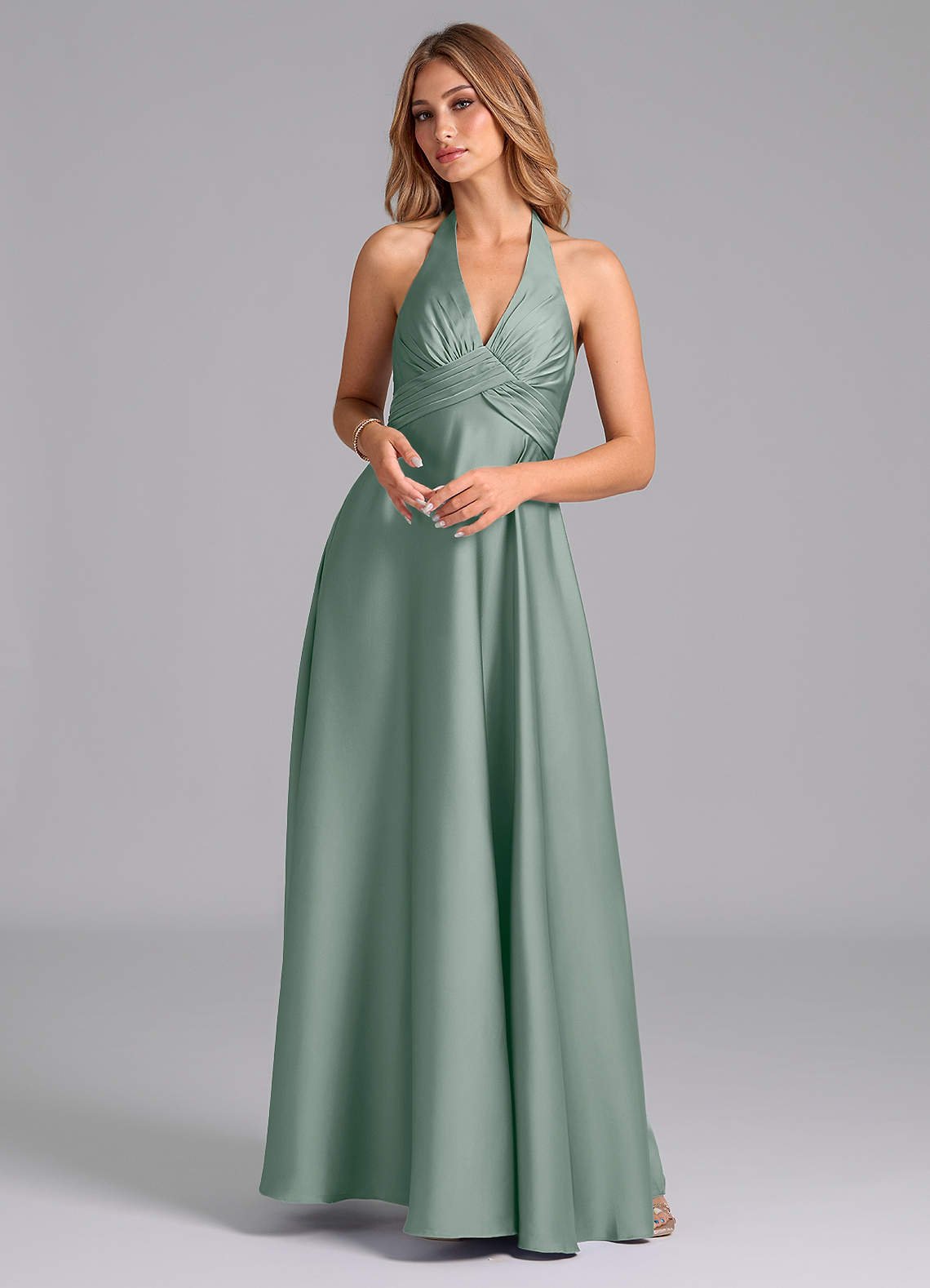 Tessie A-Line V-Neck Stretch Satin Bridesmaid Dress in Silver Sage