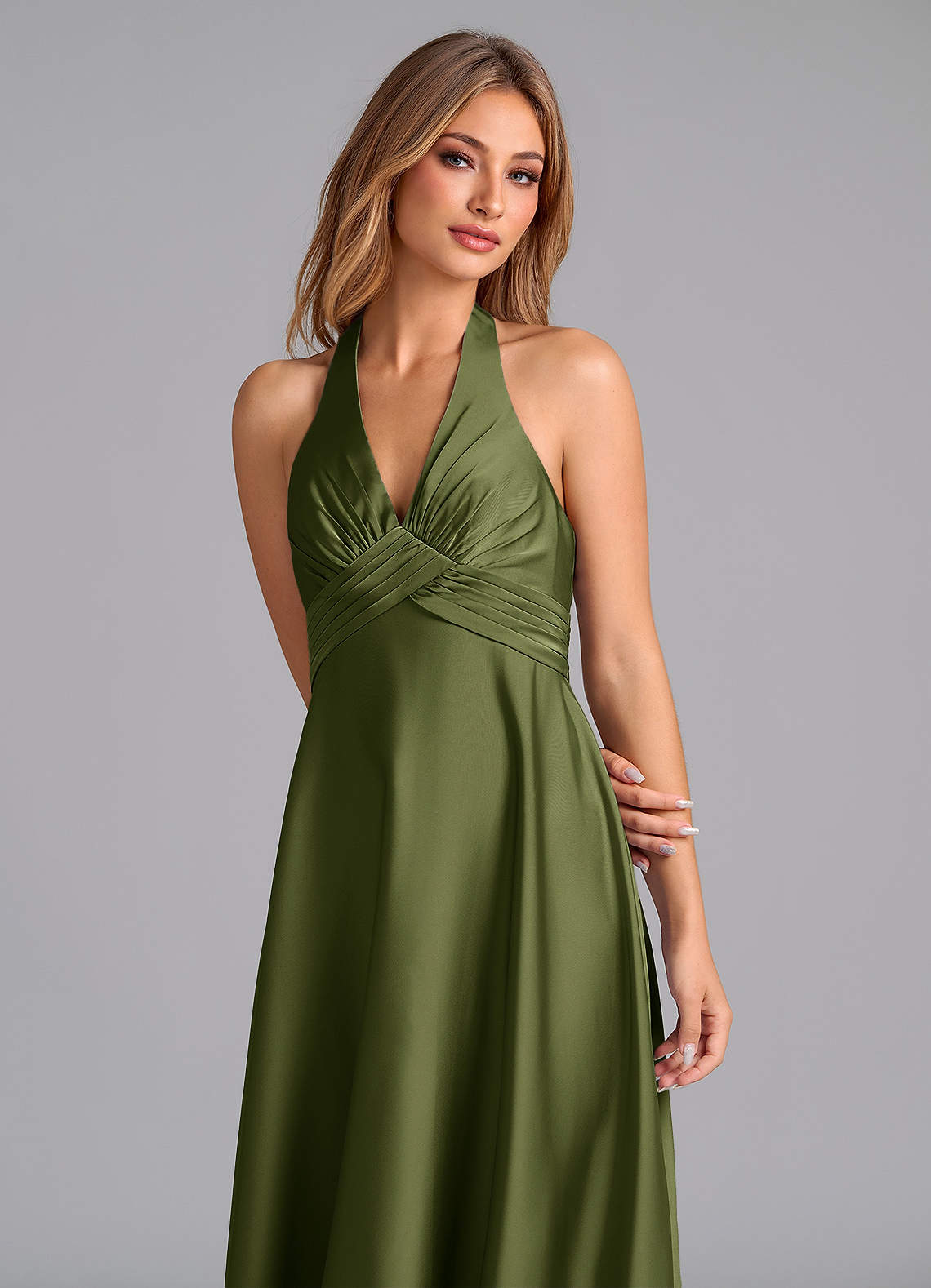 Tessie A-Line V-Neck Stretch Satin Bridesmaid Dress in Olive