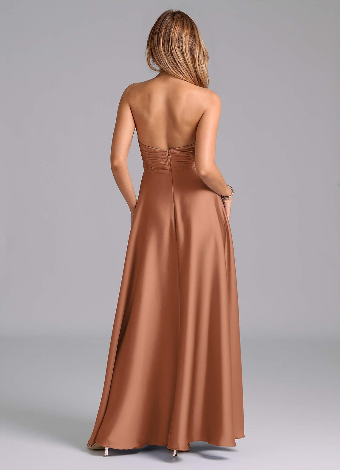 Tessie A-Line V-Neck Stretch Satin Bridesmaid Dress in Bronzer