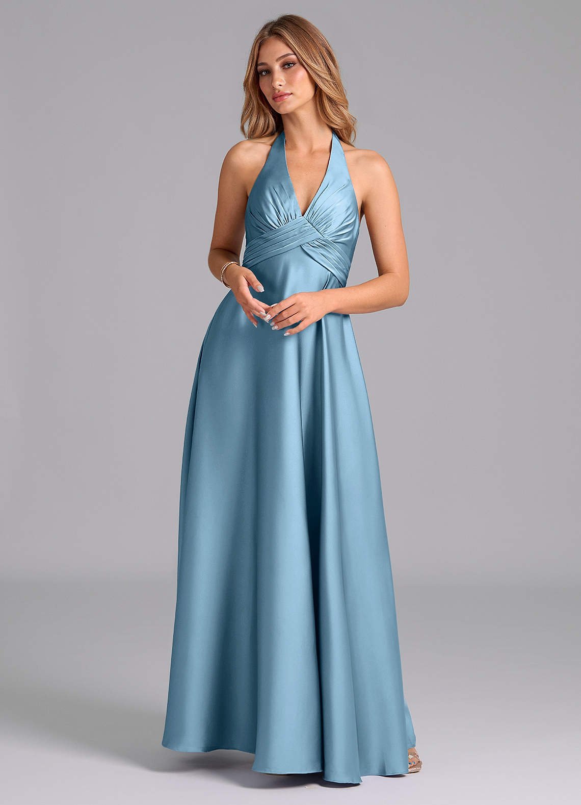 Tessie A-Line V-Neck Stretch Satin Bridesmaid Dress in Steel Blue