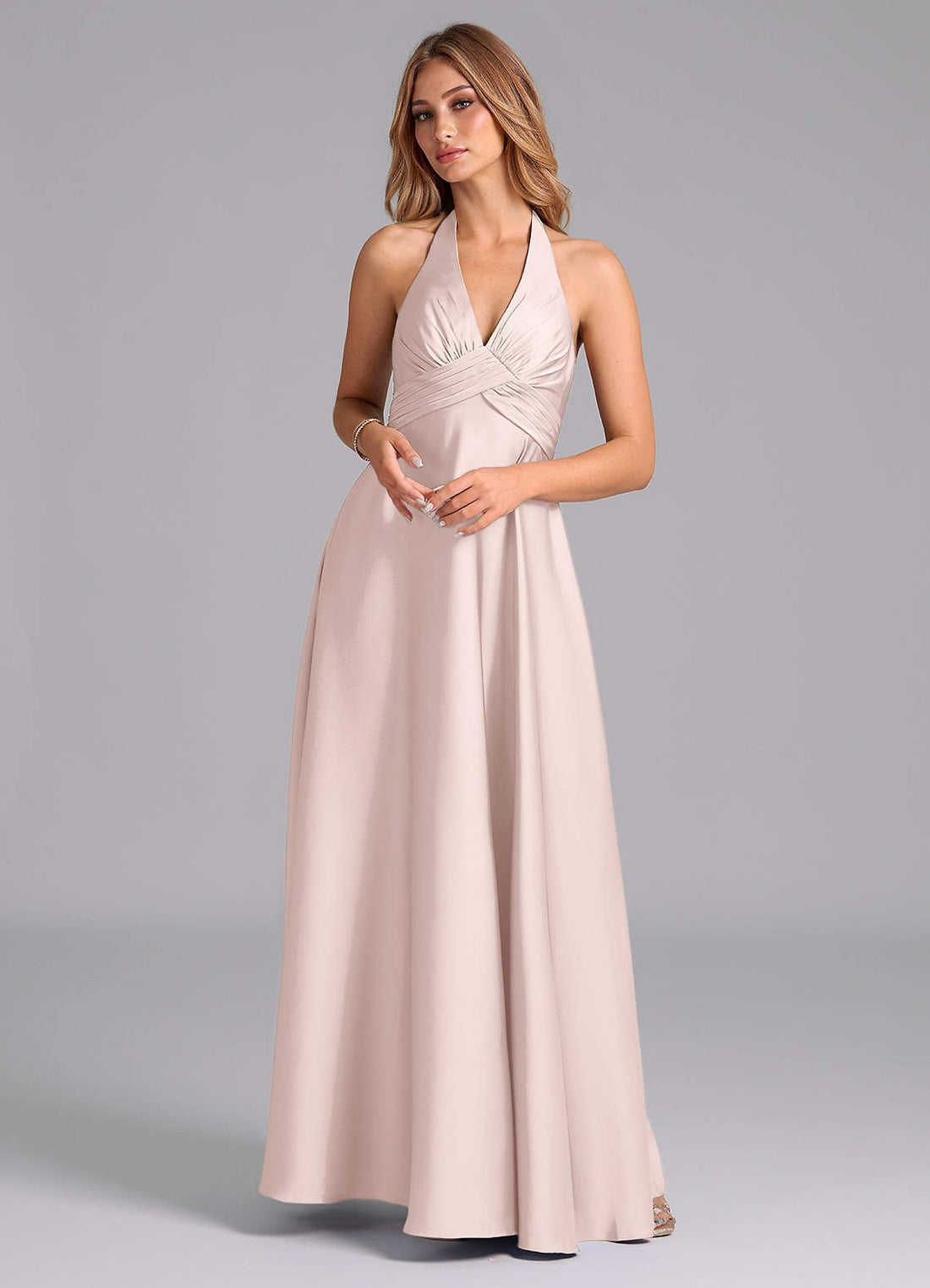 Tessie A-Line V-Neck Stretch Satin Bridesmaid Dress in Blushing Pink
