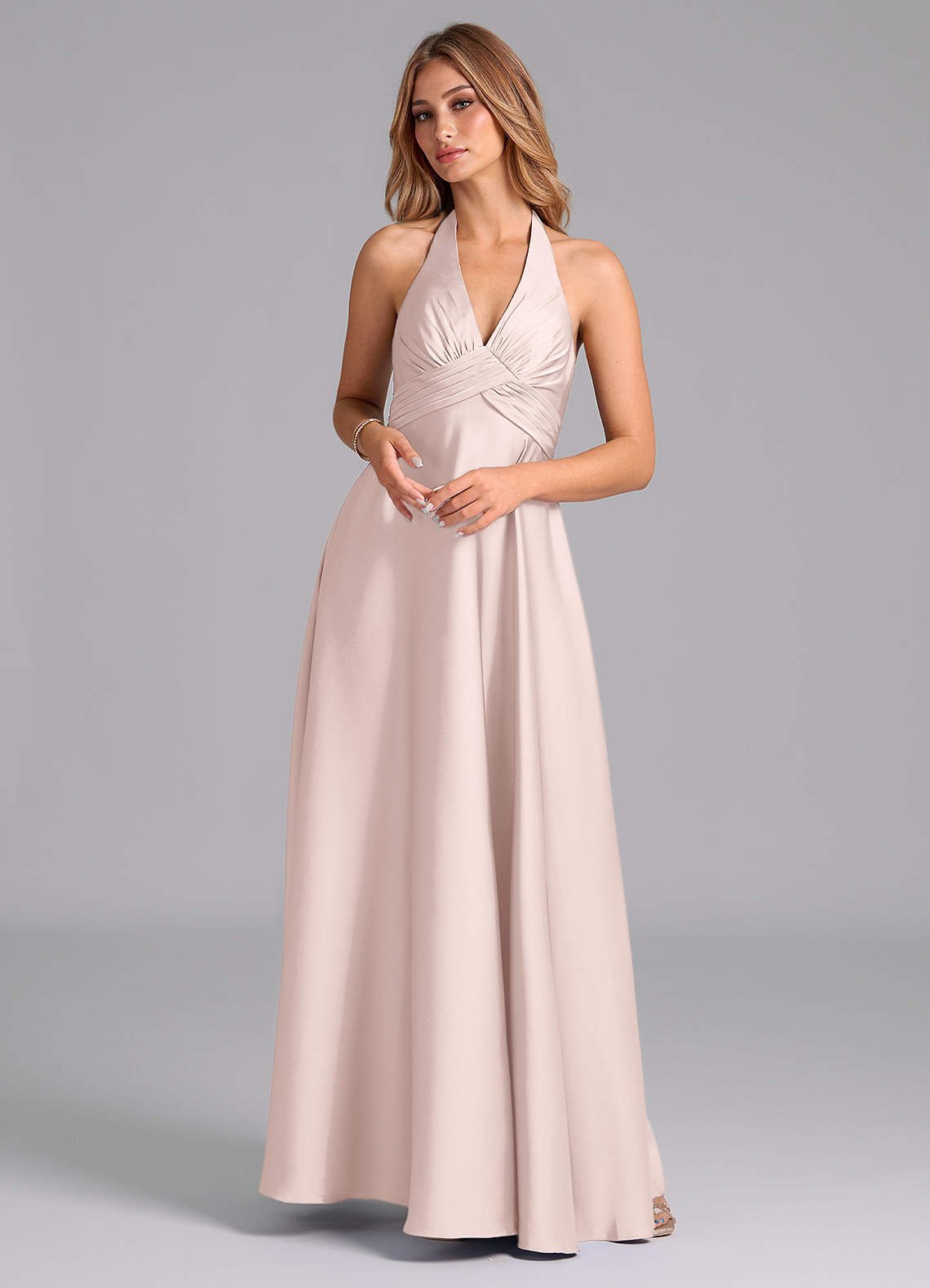 Tessie A-Line V-Neck Stretch Satin Bridesmaid Dress in Blushing Pink