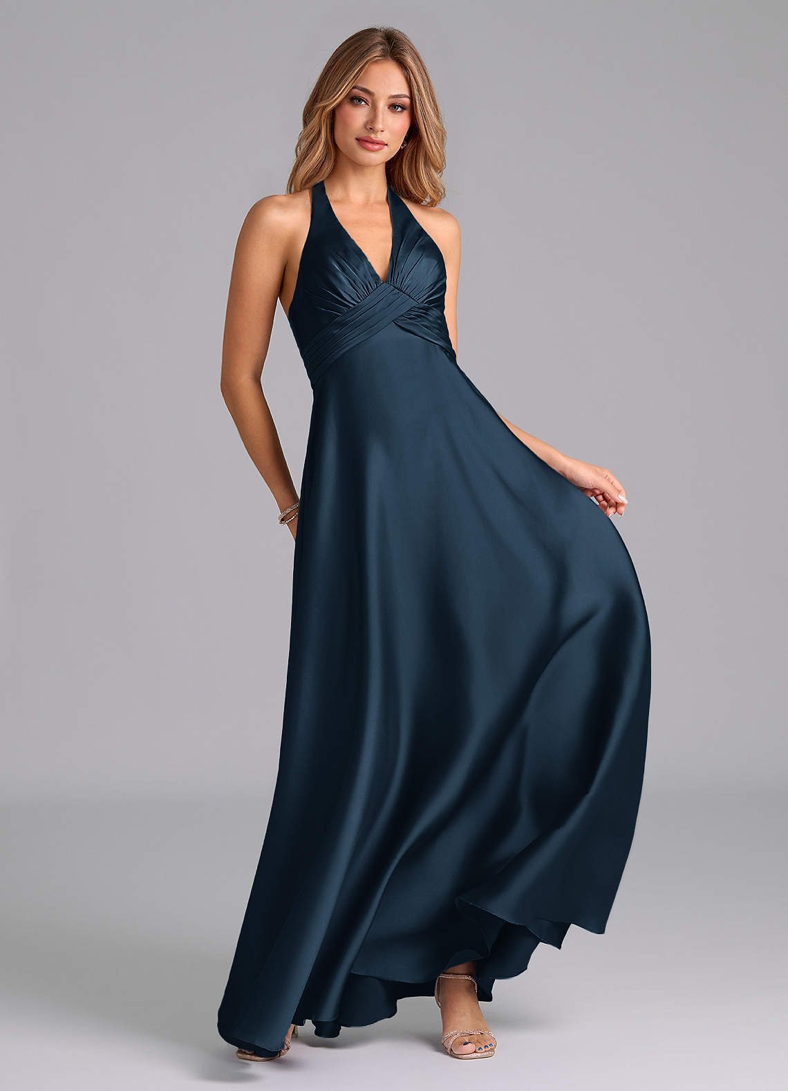 Tessie A-Line V-Neck Stretch Satin Bridesmaid Dress in Dark Navy