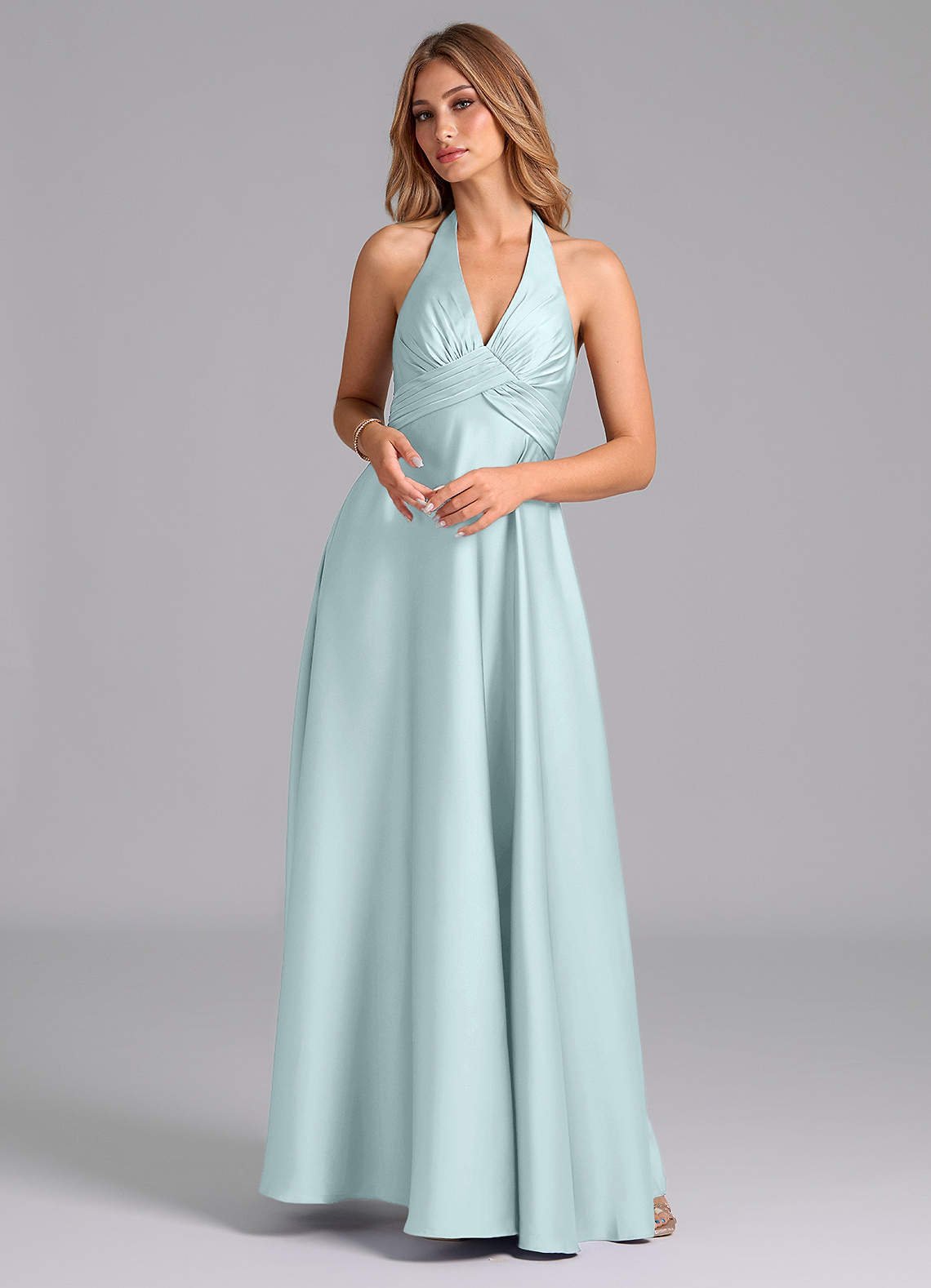 Tessie A-Line V-Neck Stretch Satin Bridesmaid Dress in Sea Glass